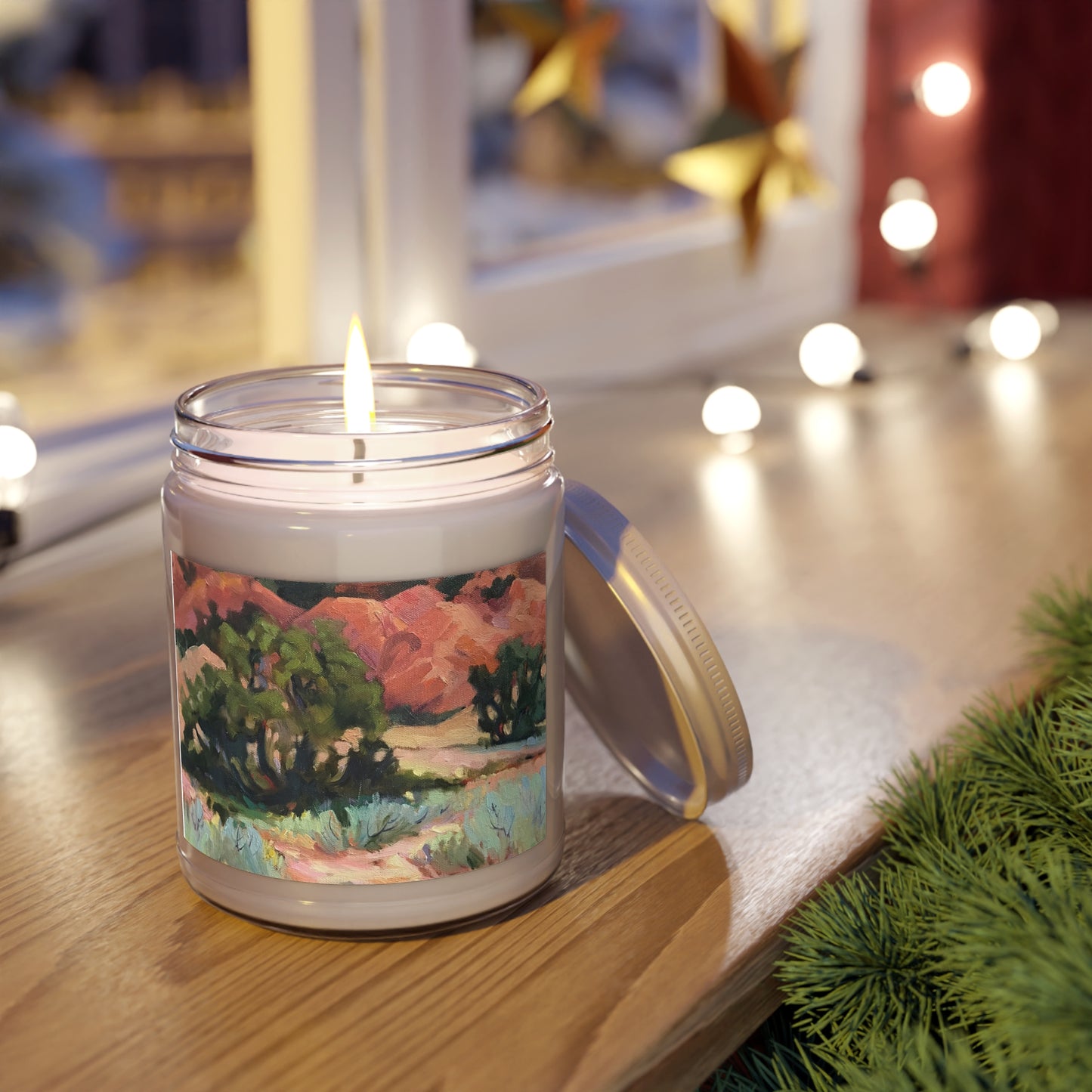 9oz Eco-Friendly Scented or Unscented Soy Wax Candle Jar with 'Mesa at Ghost Ranch' Southwestern Artwork by American Artist Barbara Cleary