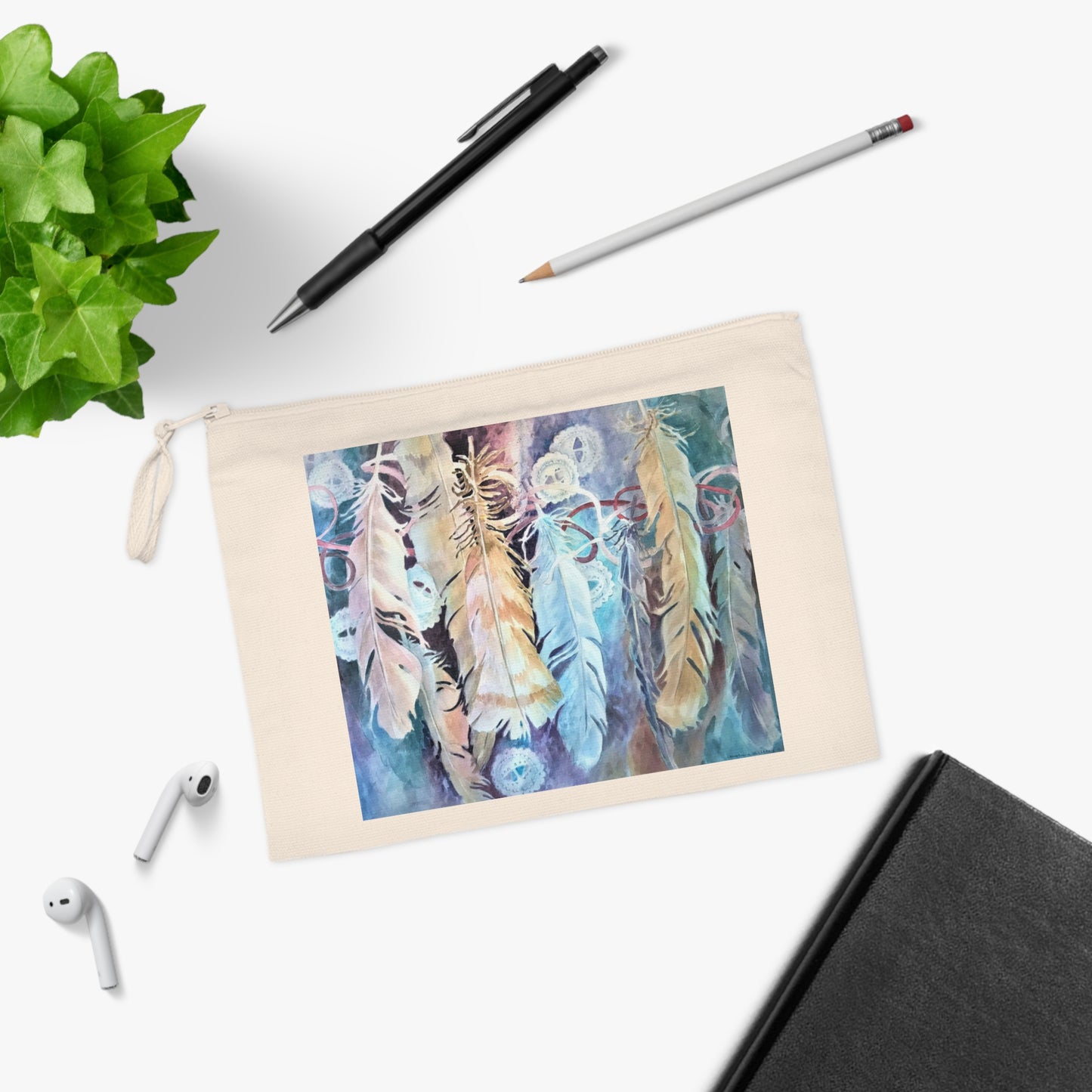 Eco-Friendly Pouch with 'Conchos Feathers' I Original Artwork by American Artist Barbara Cleary