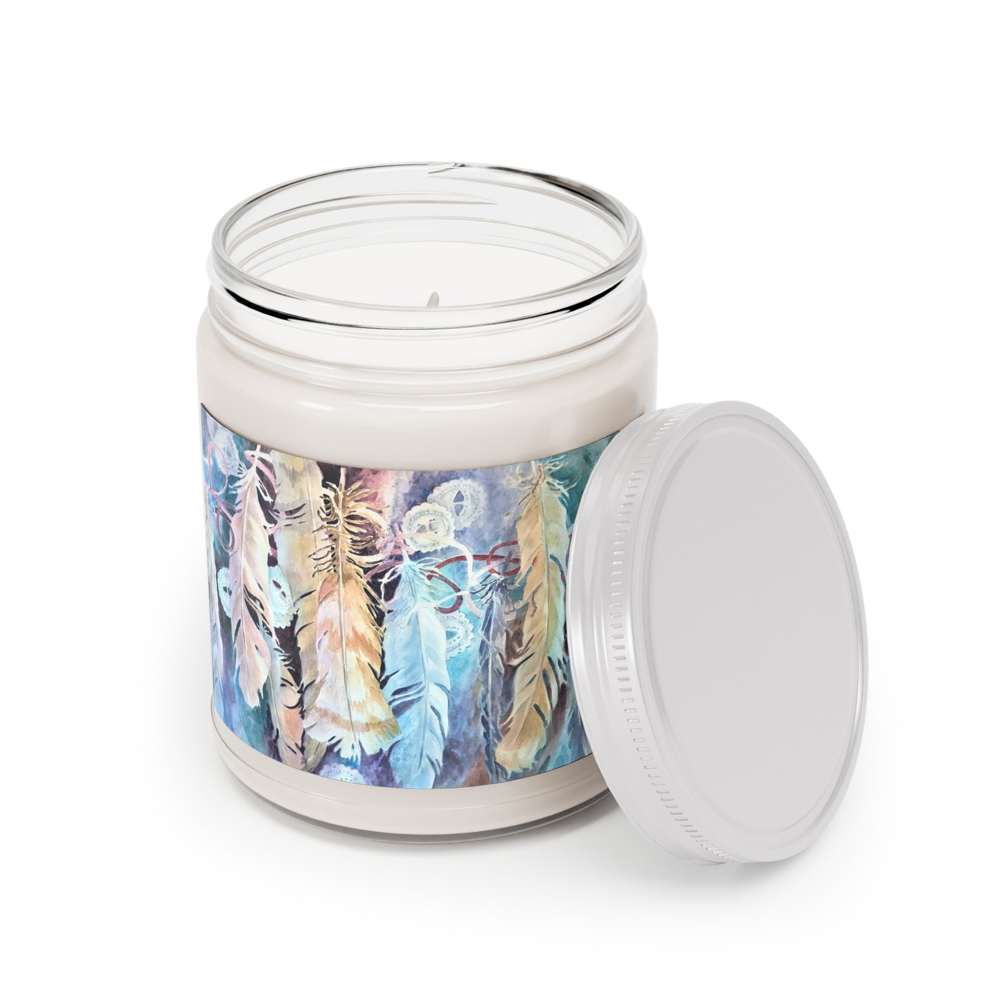 9oz Eco-Friendly Scented or Unscented Soy Wax Candle Jar with 'Conchos Feathers' Artwork by American Artist Barbara Cleary