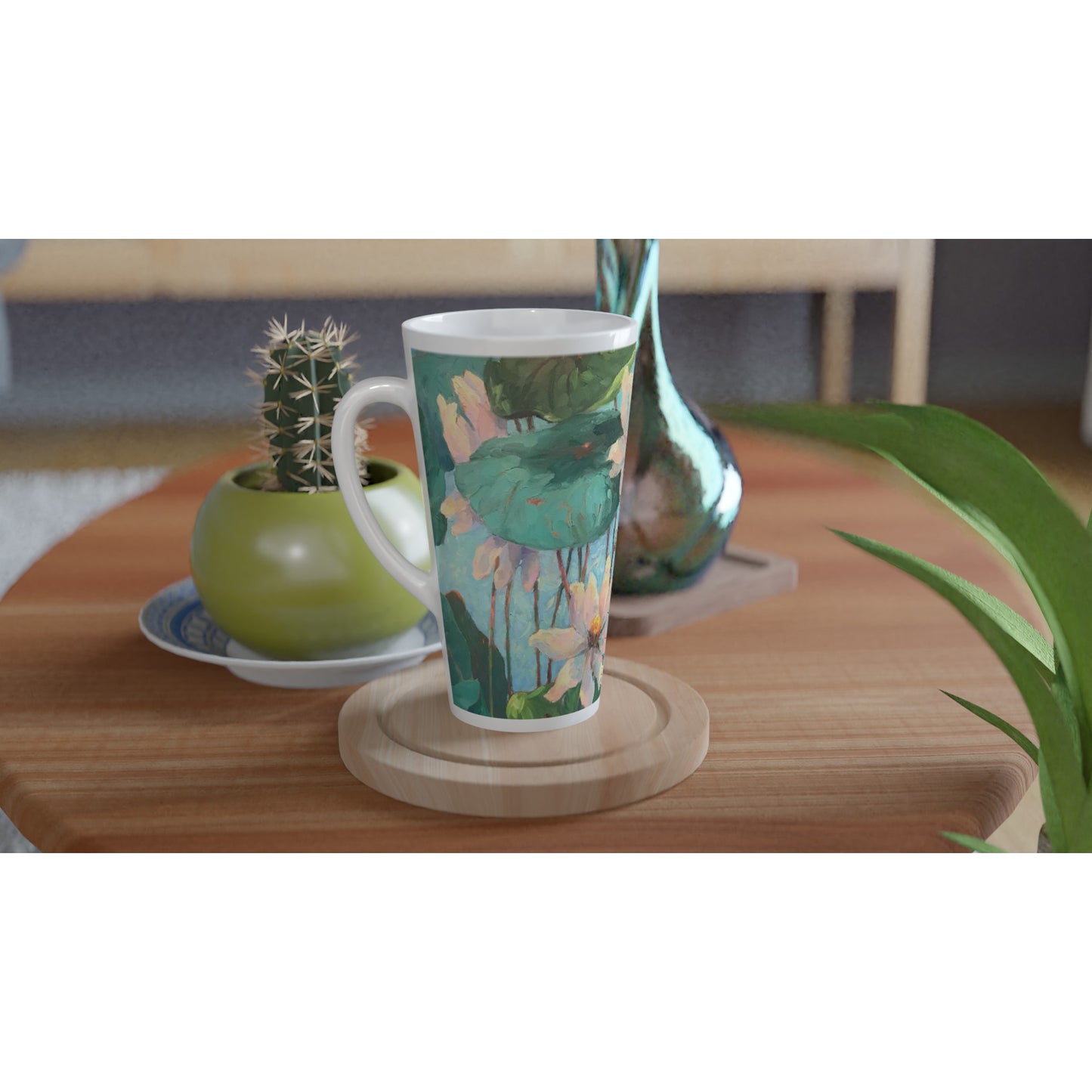 17oz White Ceramic Latte Mug | Coffee Cup with 'Lily Pads' Floral Artwork by American Artist Barbara Cleary