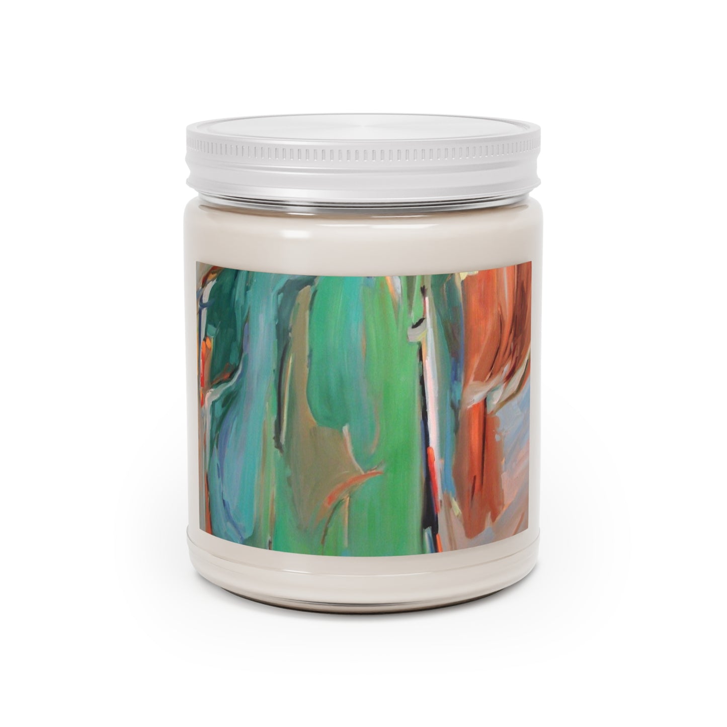 9oz Eco-Friendly Scented or Unscented Soy Wax Candle Jar with 'Colorscape 2' Abstract Artwork by American Artist Barbara Cleary