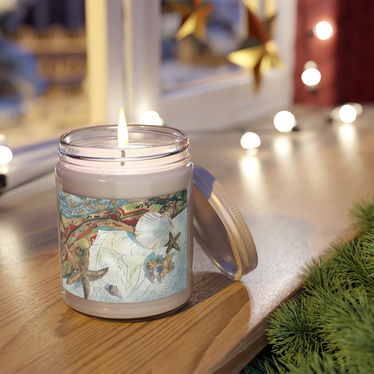 9oz Eco-Friendly Scented or Unscented Soy Wax Candle Jar with 'Shells' Coastal Artwork by American Artist Barbara Cleary