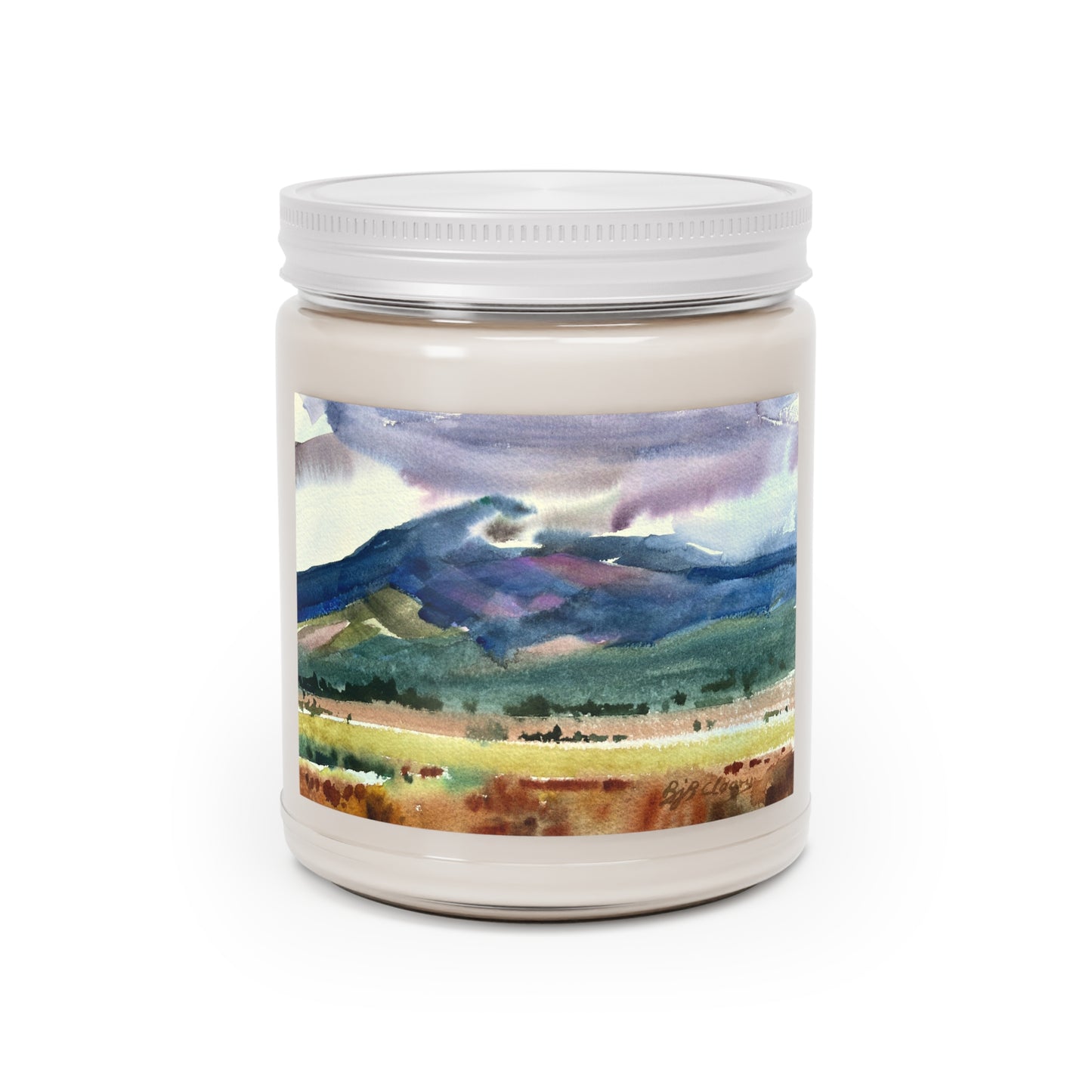 9oz Eco-Friendly Scented or Unscented Soy Wax Candle Jar with 'Tranquil Mountain View 2' Artwork by American Artist Barbara Cleary