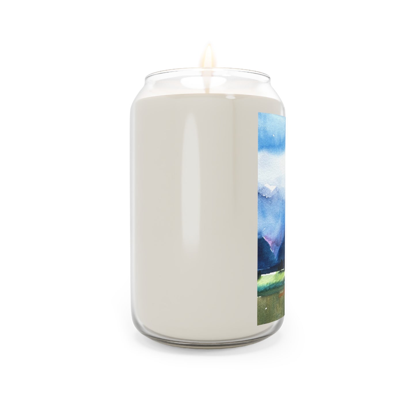 13.75oz Eco-Friendly Scented or Unscented Soy Wax Candle Jar with 'Tranquil Mountain View 4' Landscape Watercolor Artwork by American Artist Barbara Cleary