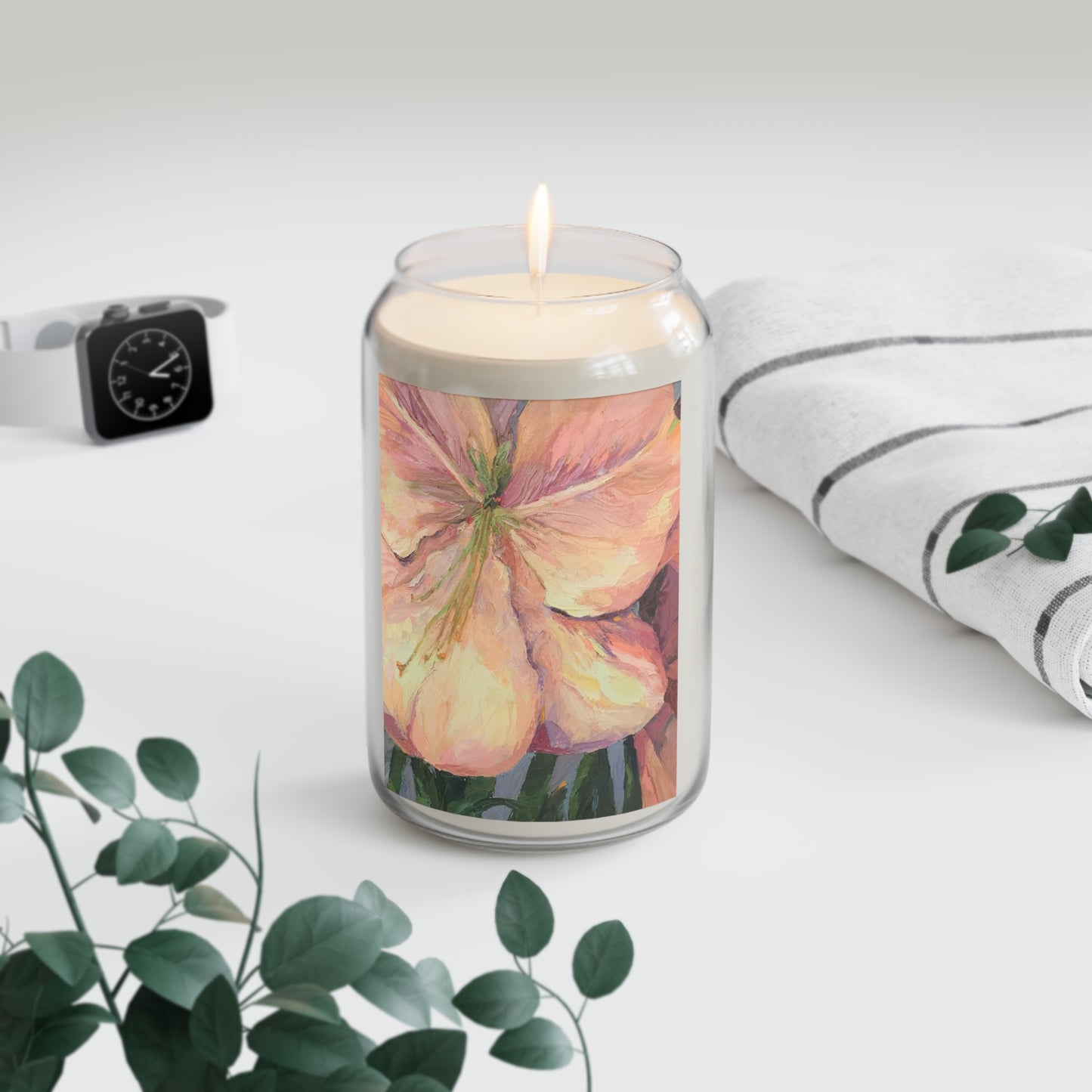 13.75oz Eco-Friendly Scented or Unscented Soy Wax Candle Jar with 'Amaryllis' Artwork by American Artist Barbara Cleary