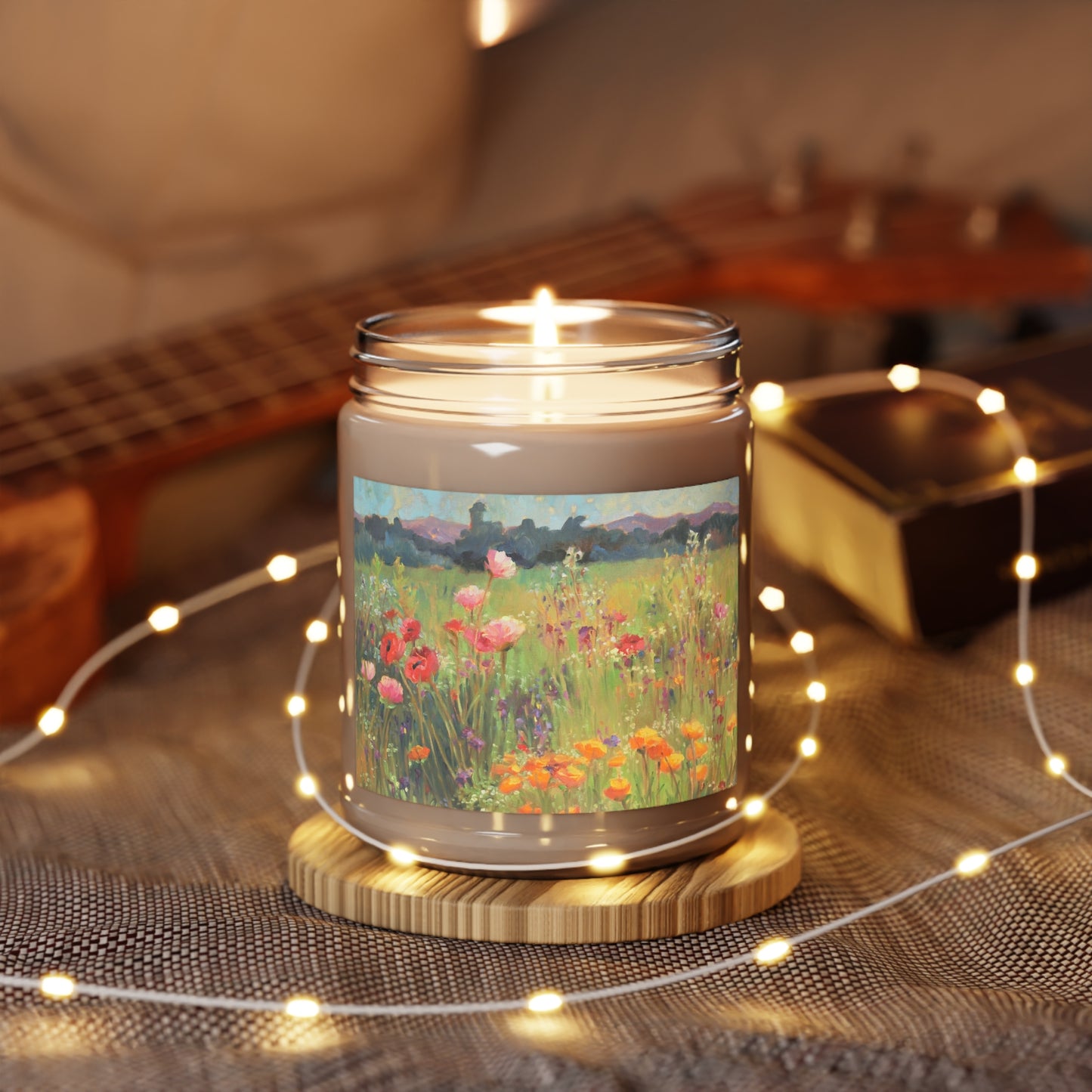 9oz Eco-Friendly Scented or Unscented Soy Wax Candle Jar with 'Field of Poppies' Floral Artwork by American Artist Barbara Cleary