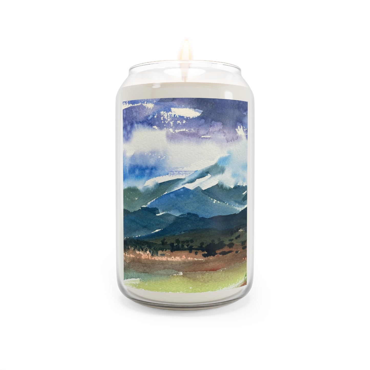 13.75oz Eco-Friendly Scented or Unscented Soy Wax Candle Jar with 'Tranquil Mountain View 3' Landscape Watercolor Artwork by American Artist Barbara Cleary