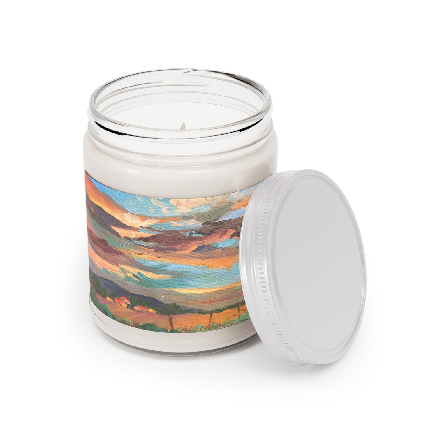 9oz Eco-Friendly Scented or Unscented Soy Wax Candle Jar with 'Fall Sky' Artwork by American Artist Barbara Cleary (Fall Collection)