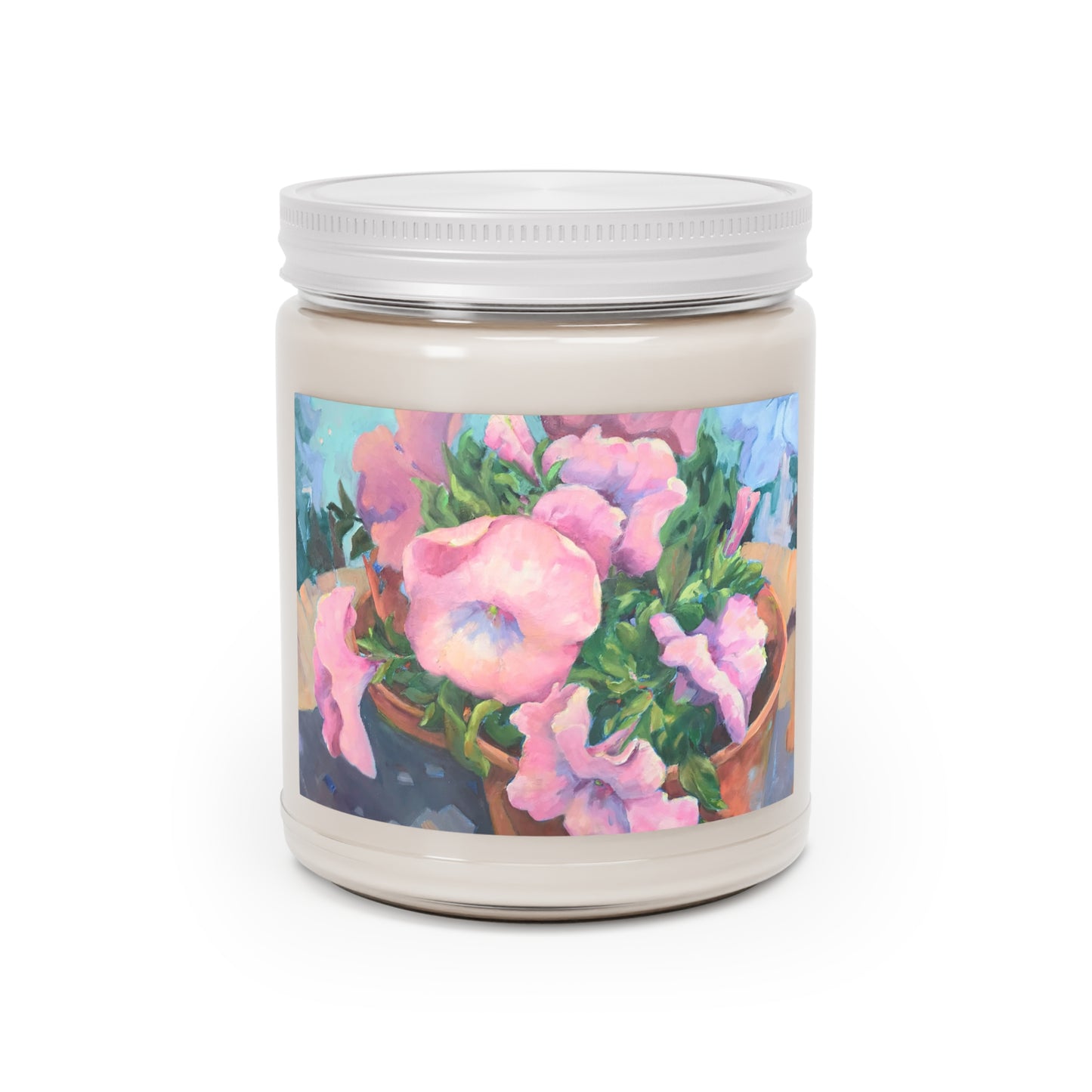 9oz Eco-Friendly Scented or Unscented Soy Wax Candle Jar with 'Pink Petals in Bloom' Artwork by American Artist Barbara Cleary