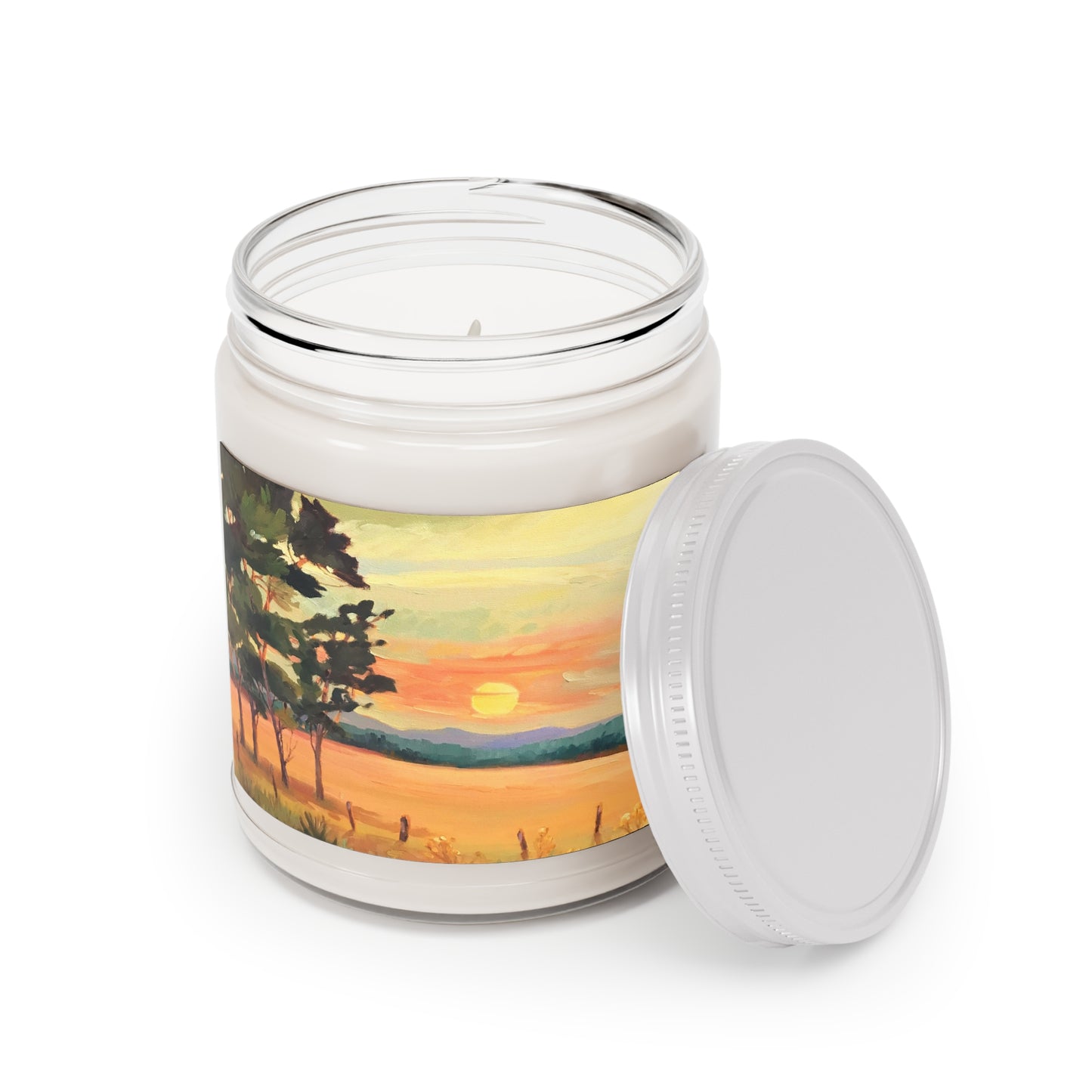 9oz Eco-Friendly Scented or Unscented Soy Wax Candle Jar with 'Sunsrise' Landscape Artwork by American Artist Barbara Cleary