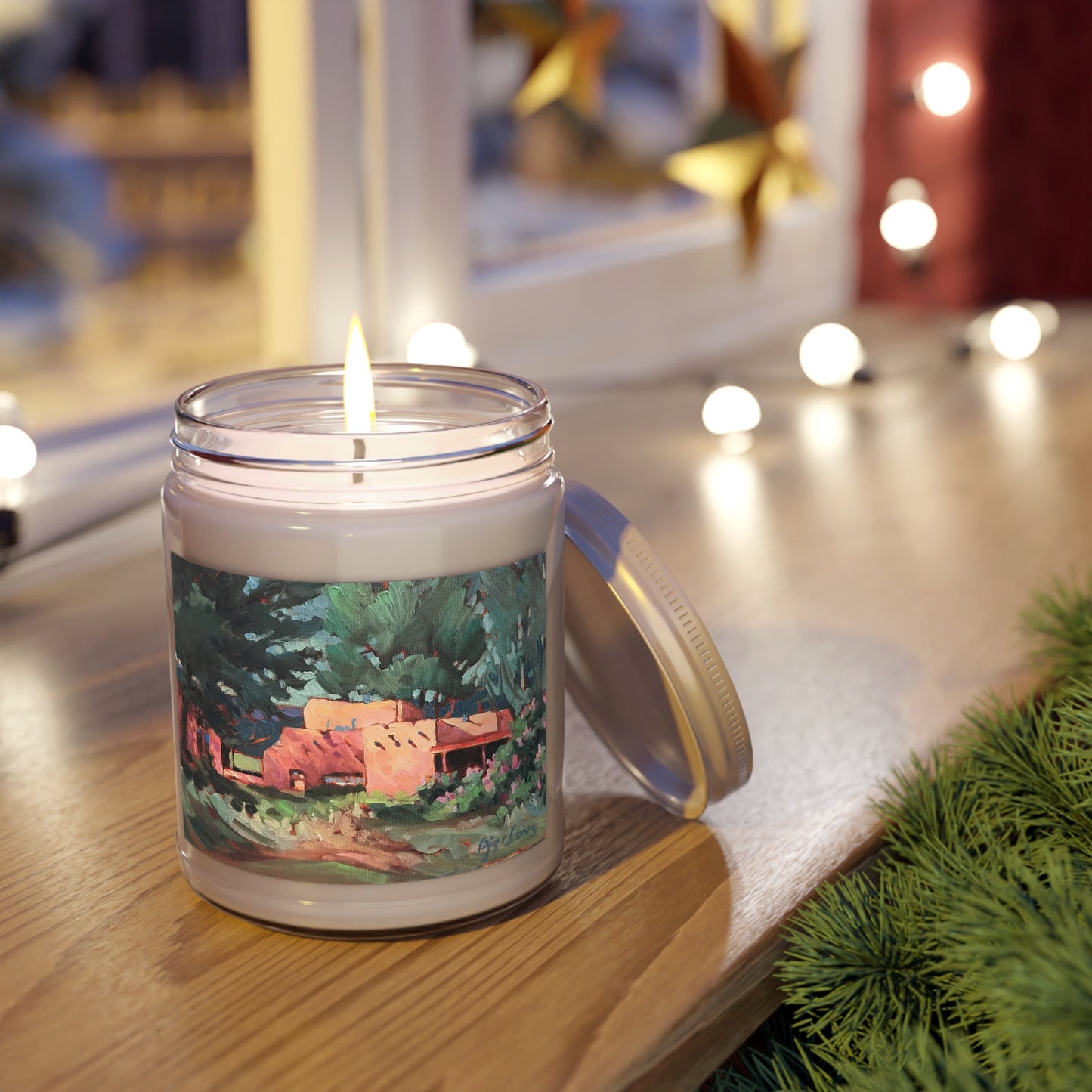 9oz Eco-Friendly Scented or Unscented Soy Wax Candle Jar with 'Spring in Taos' Southwestern Artwork by American Artist Barbara Cleary