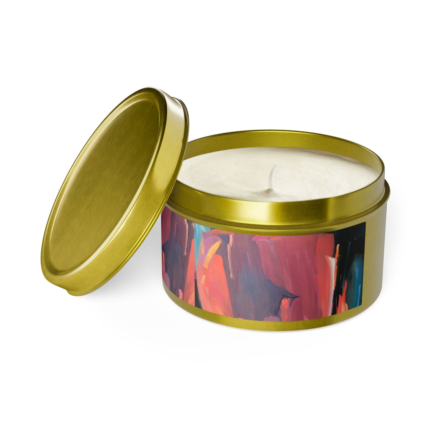 8oz Eco-Friendly Scented or Unscented Soy Wax Tin Candle with 'Colorscape' Abstract Artwork by American Artist Barbara Cleary