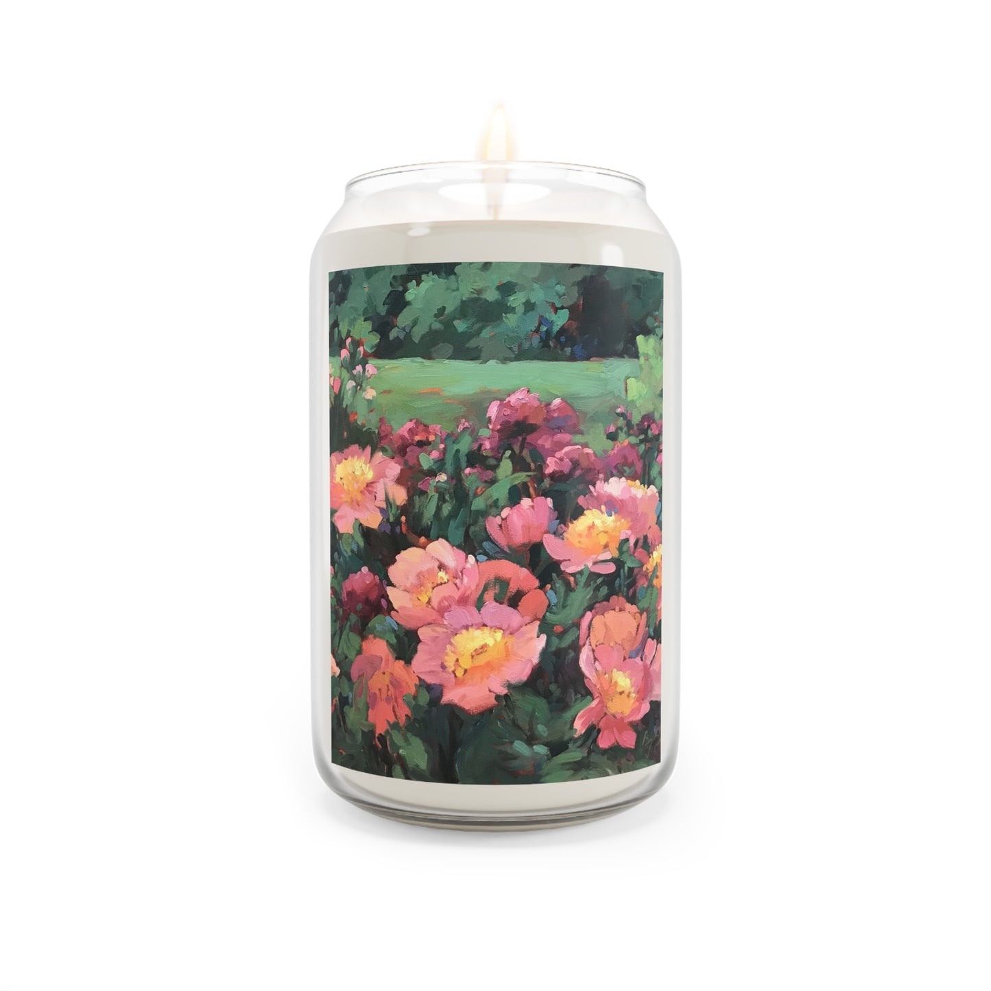 13.75oz Eco-Friendly Scented or Unscented Soy Wax Candle Jar with 'Pink Princess' Floral Artwork by American Artist Barbara Cleary