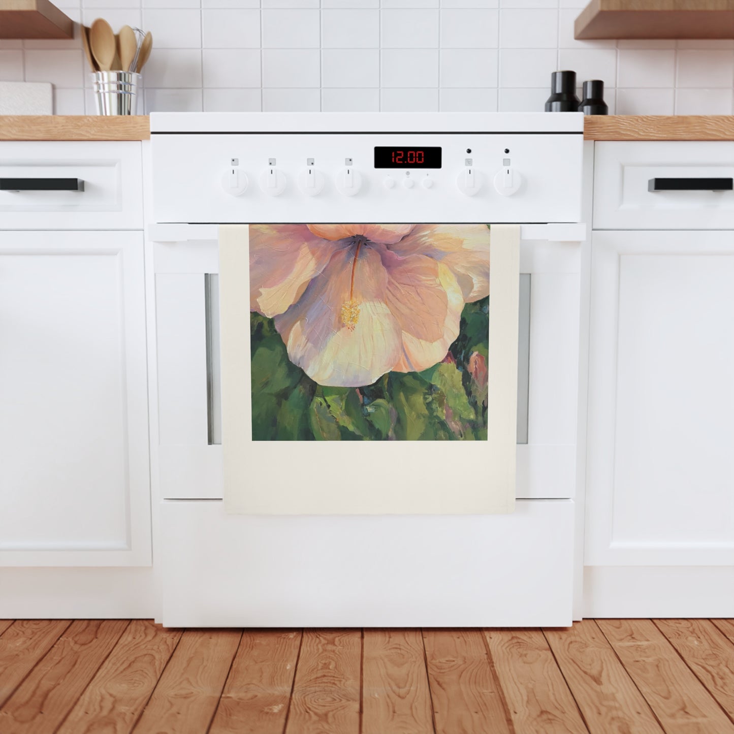 'Pink Hibiscus' Organic Cotton Tea Towel I Original Artwork by American Artist Barbara Cleary