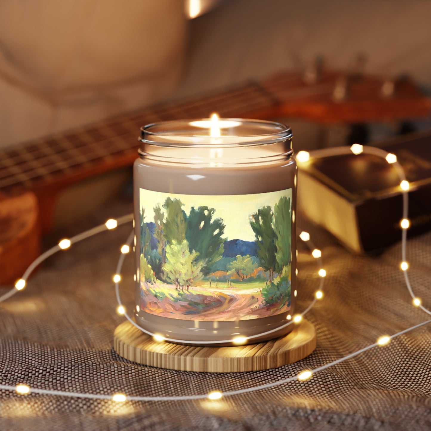 9oz Eco-Friendly Scented or Unscented Soy Wax Candle Jar with 'Hacienda Road' Landscape Artwork by American Artist Barbara Cleary