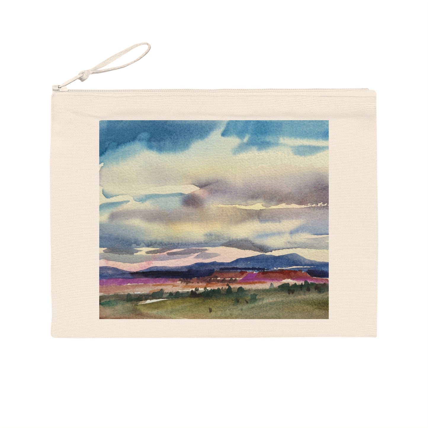 Eco-Friendly Pouch with 'Tranquil Mountain View 1' I Original Artwork by American Artist Barbara Cleary