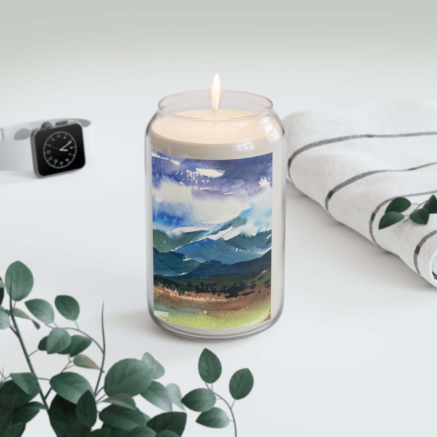13.75oz Eco-Friendly Scented or Unscented Soy Wax Candle Jar with 'Tranquil Mountain View 3' Landscape Watercolor Artwork by American Artist Barbara Cleary