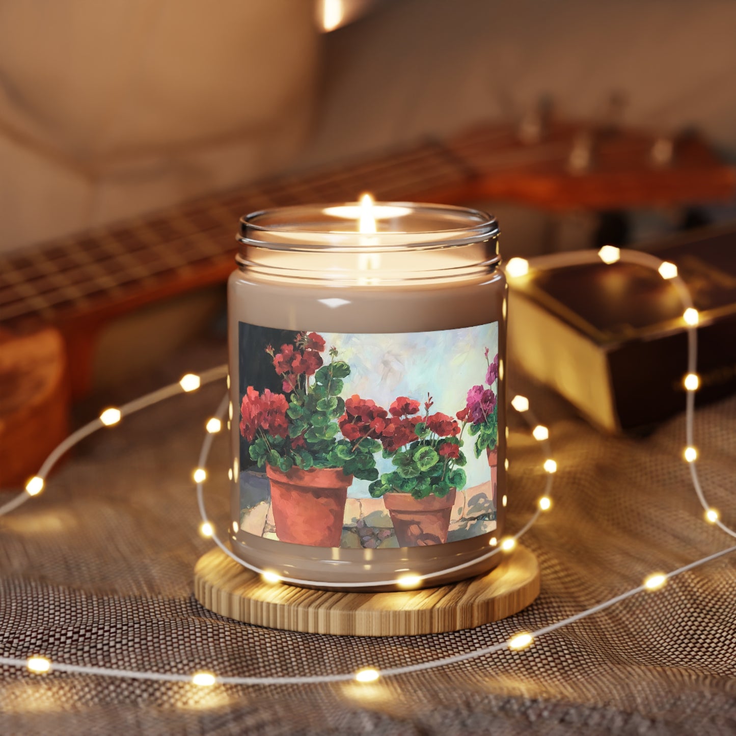 9oz Eco-Friendly Scented or Unscented Soy Wax Candle Jar with 'Potted Red Geraniums Series 1' Floral Artwork by American Artist Barbara Cleary