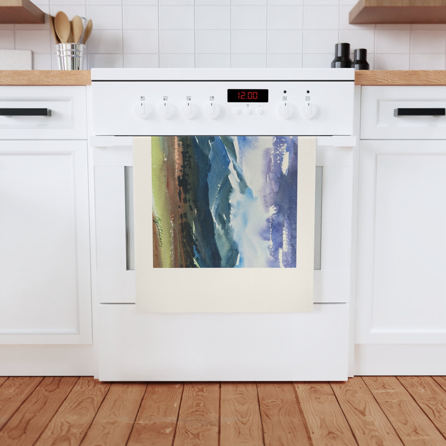 'Tranquil Mountain View 3' Cotton Tea Towel I Original Artwork by American Artist Barbara Cleary