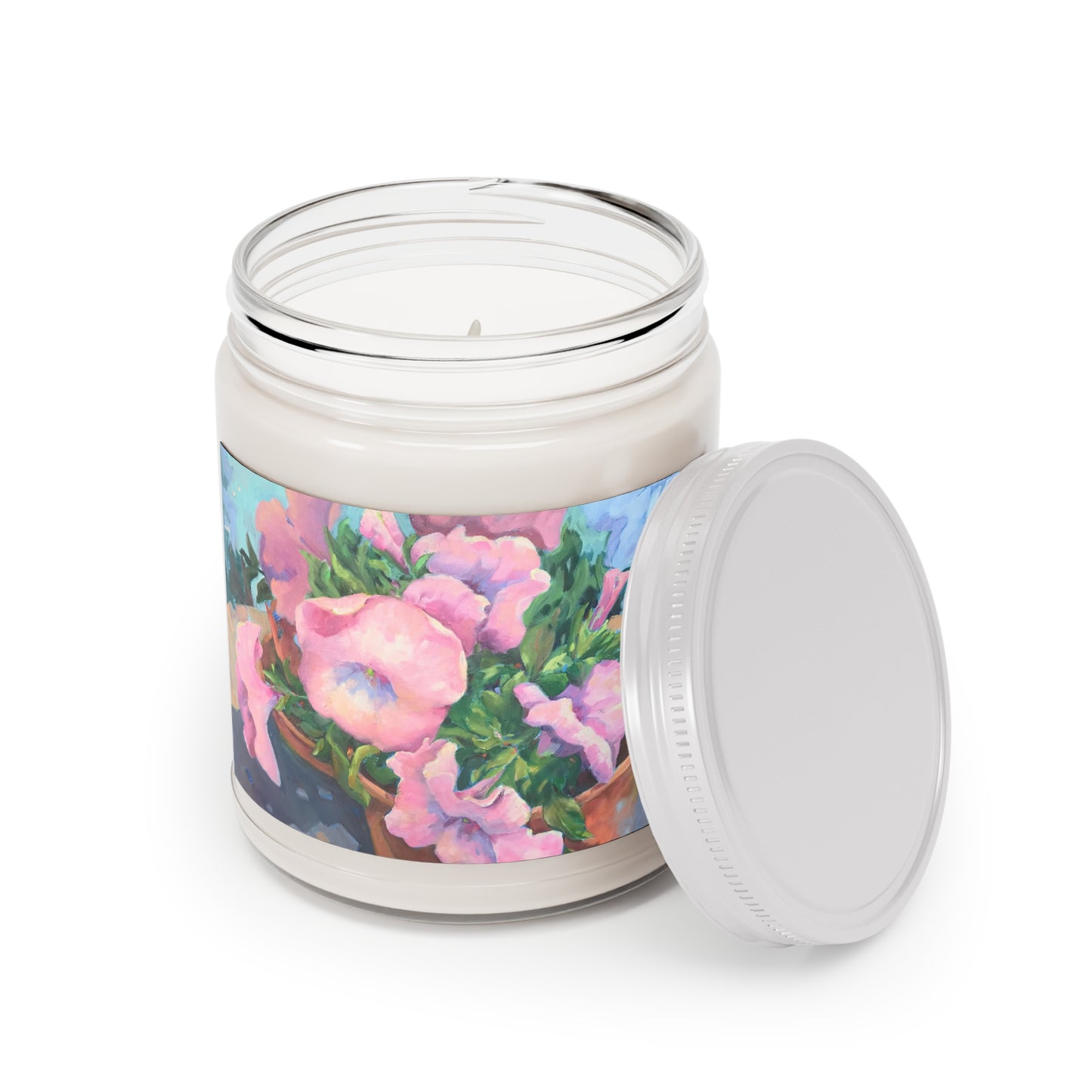 9oz Eco-Friendly Scented or Unscented Soy Wax Candle Jar with 'Pink Petals in Bloom' Artwork by American Artist Barbara Cleary