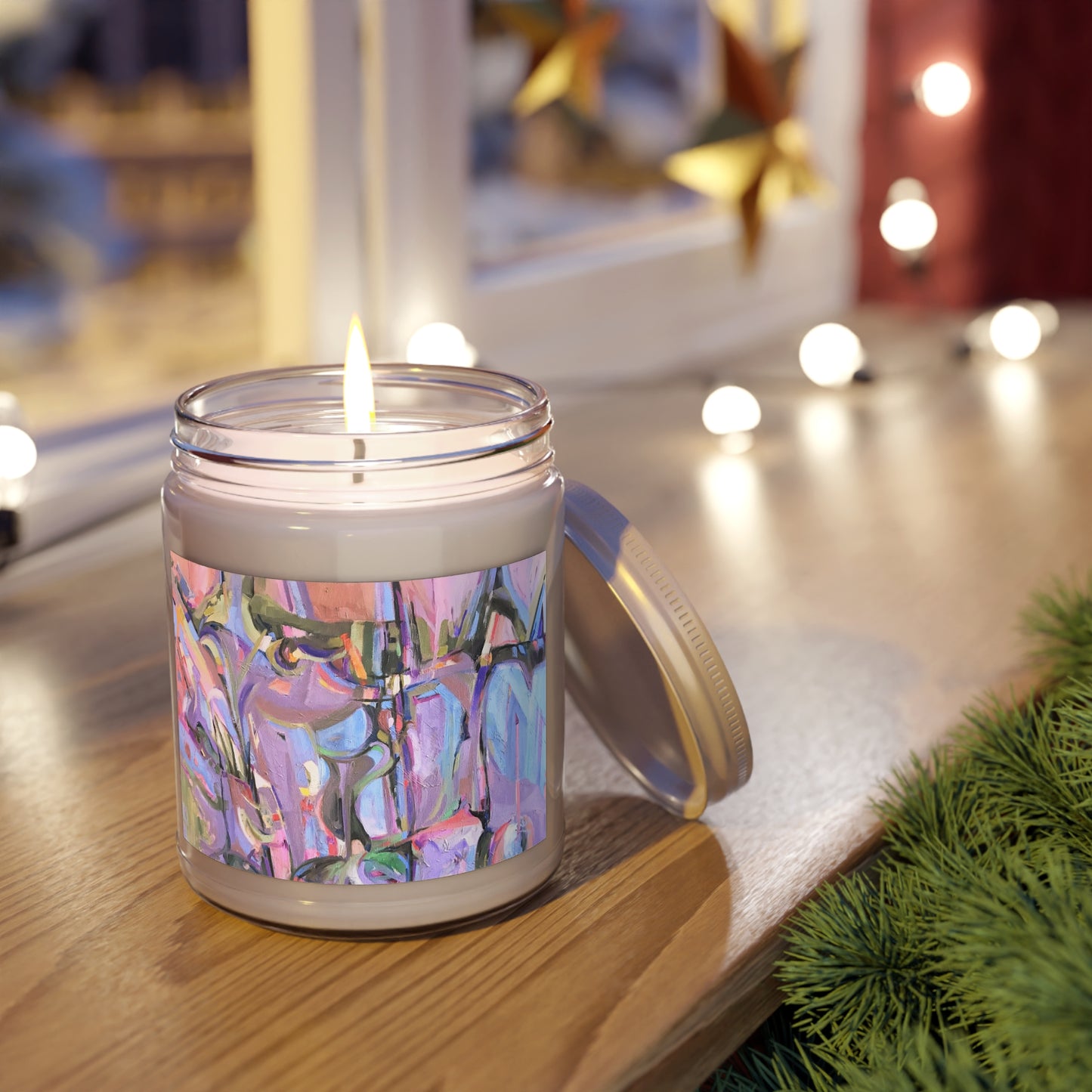 9oz Eco-Friendly Scented or Unscented Soy Wax Candle Jar with 'Passages' Abstract Artwork by American Artist Barbara Cleary