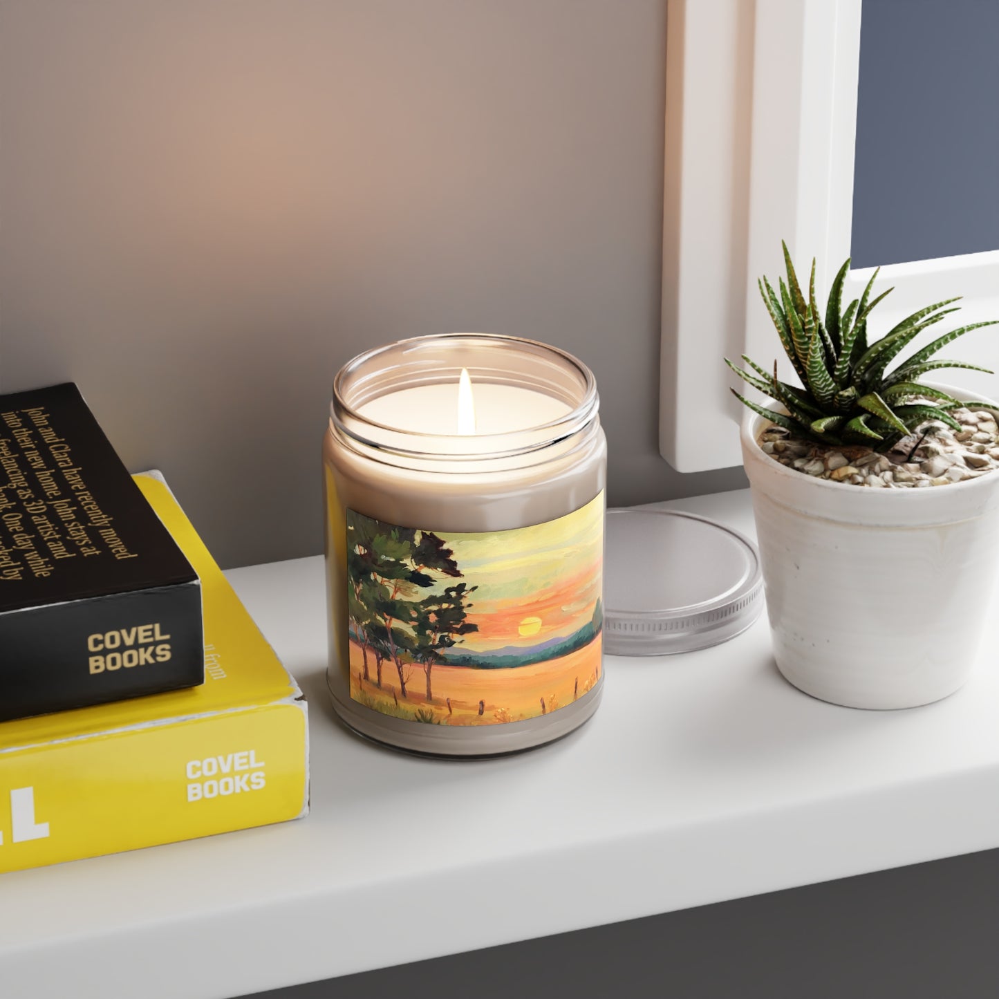 9oz Eco-Friendly Scented or Unscented Soy Wax Candle Jar with 'Sunsrise' Landscape Artwork by American Artist Barbara Cleary
