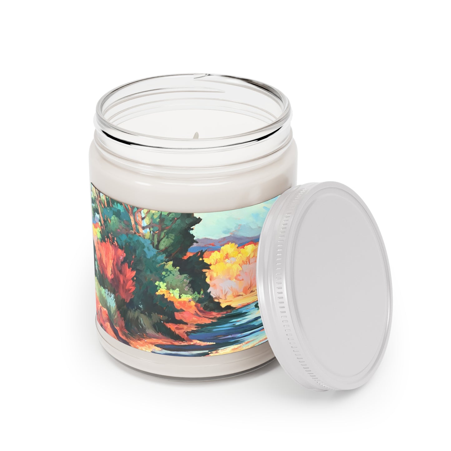 9oz Eco-Friendly Scented or Unscented Soy Wax Candle Jar with 'Rio Pueblo' Artwork by American Artist Barbara Cleary (Fall Collection)