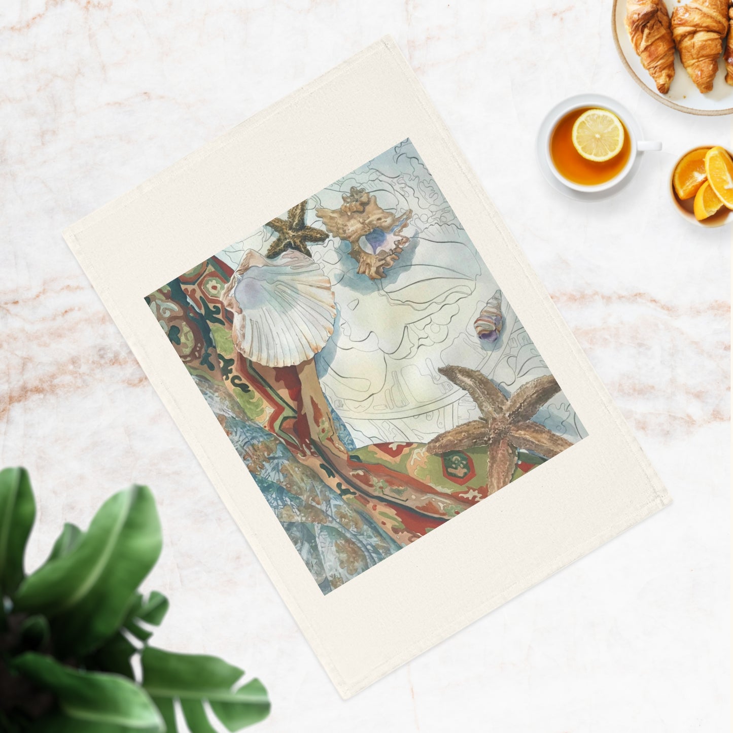 'Shells' Watercolor Organic Cotton Tea Towel I Original Artwork by American Artist Barbara Cleary | Barbara Cleary Designs