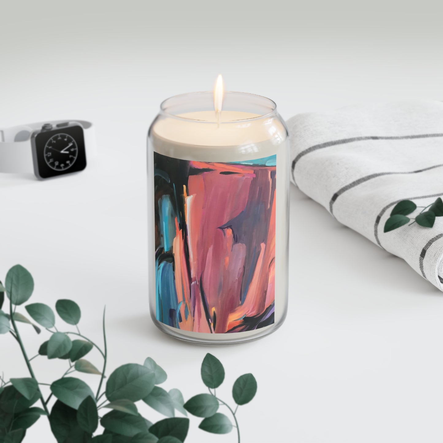 13.75oz Eco-Friendly Scented or Unscented Soy Wax Candle Jar with 'Colorscape' Abstract Artwork by American Artist Barbara Cleary