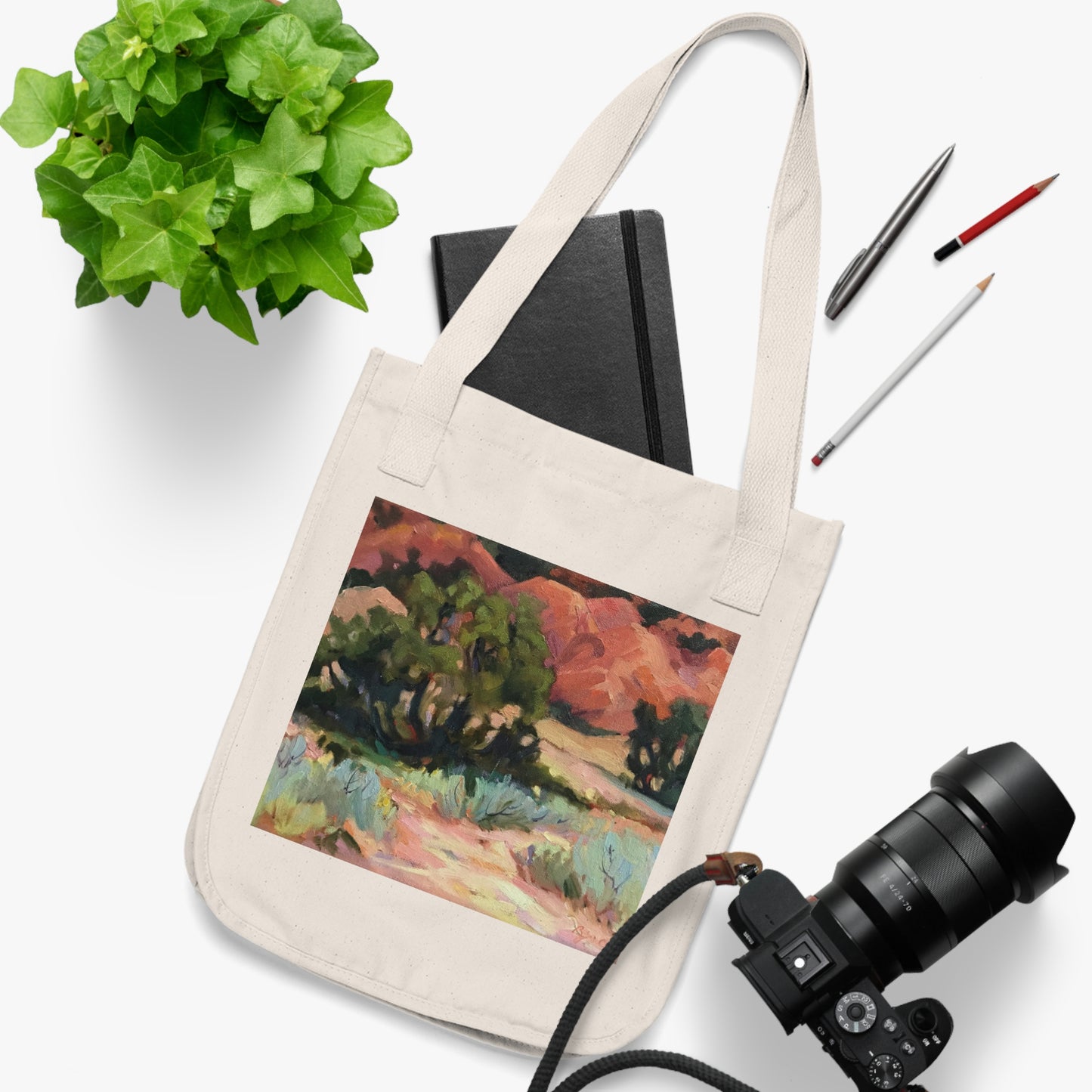 Organic Canvas Tote Bag with 'Mesa at Ghost Ranch' I Original Artwork by American Artist Barbara Cleary