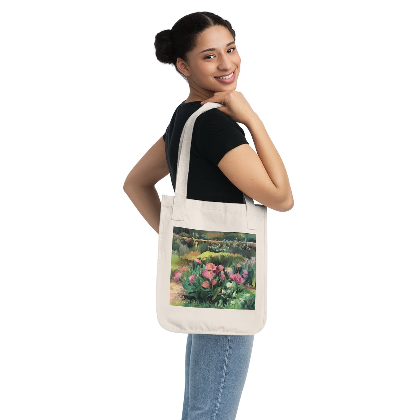 Organic Canvas Tote Bag with 'Pink Garden Peonies' I Original Artwork by American Artist Barbara Cleary