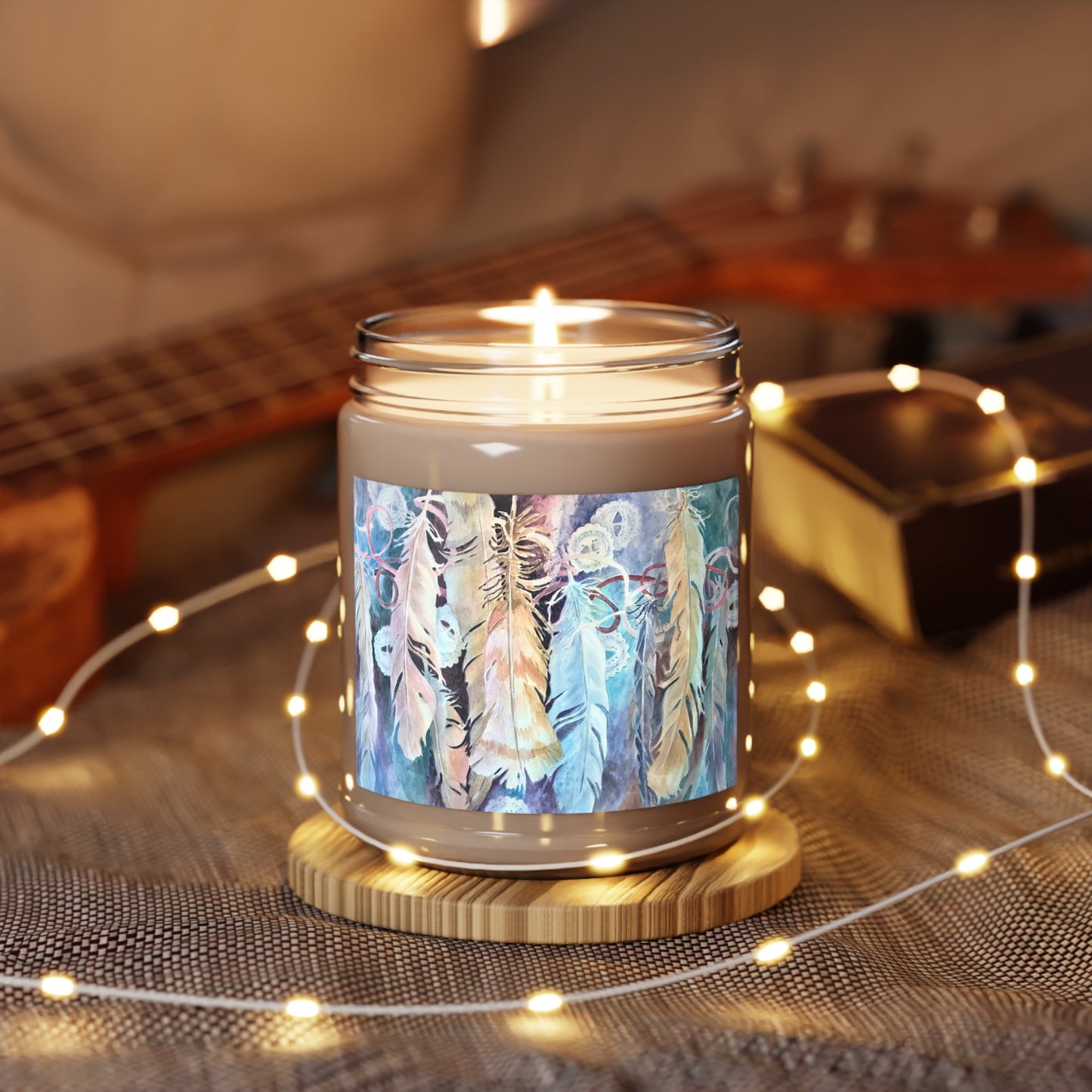 9oz Eco-Friendly Scented or Unscented Soy Wax Candle Jar with 'Conchos Feathers' Artwork by American Artist Barbara Cleary