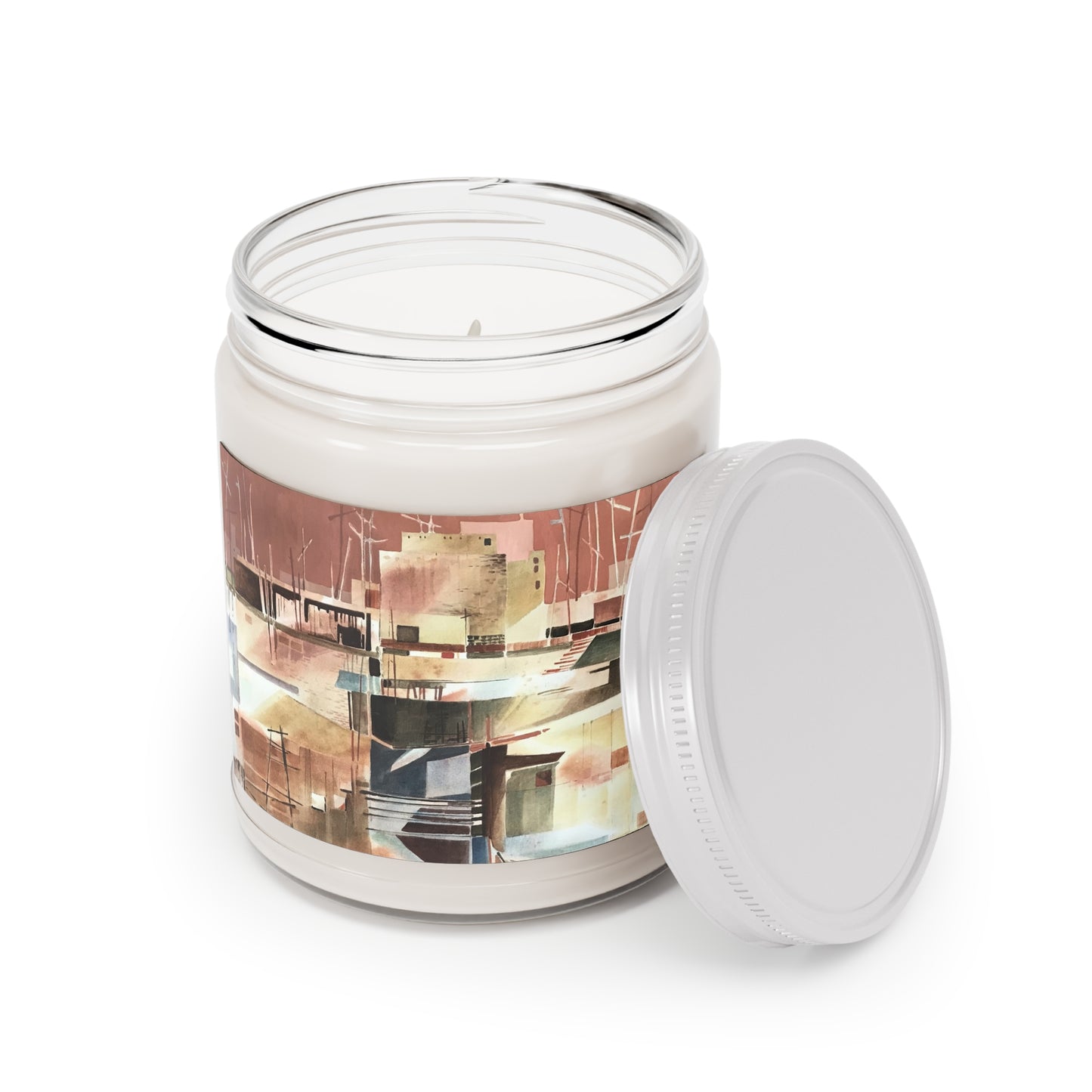 9oz Eco-Friendly Scented or Unscented Soy Wax Candle Jar with 'Abstract Pueblo' Abstract Artwork by American Artist Barbara Cleary