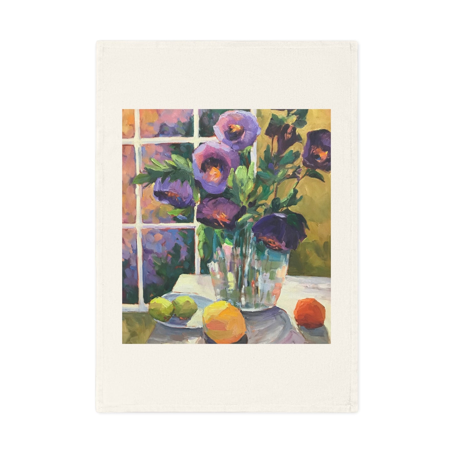 'Purple Flowers' Floral Cotton Tea Towel I Original Artwork by American Artist Barbara Cleary | Barbara Cleary Designs