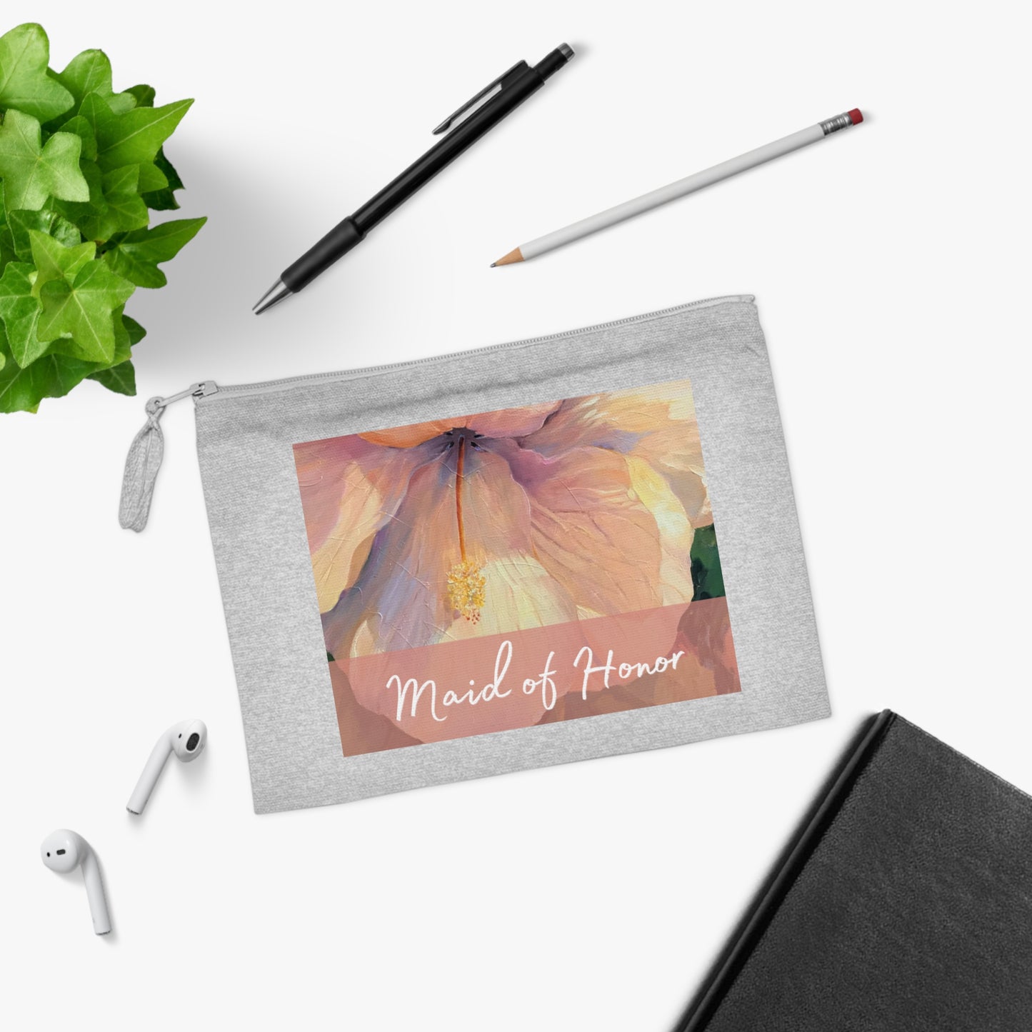 'Maid of Honor' Eco-Friendly Pouch I Bridal Collection I with 'Hibiscus' Original Artwork by American Artist Barbara Cleary