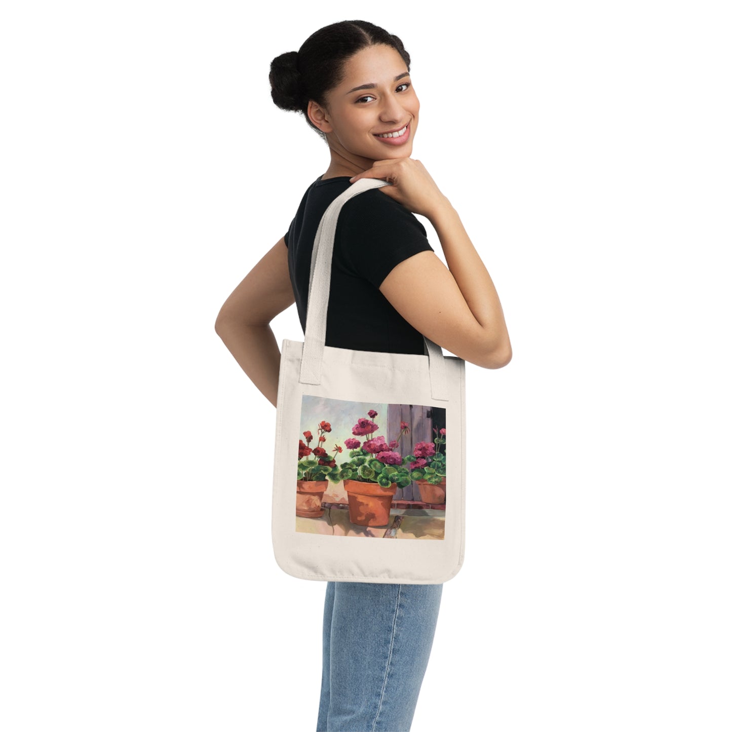 Organic Canvas Tote Bag with 'Potted Red Geraniums 2' Floral I Original Artwork by American Artist Barbara Cleary