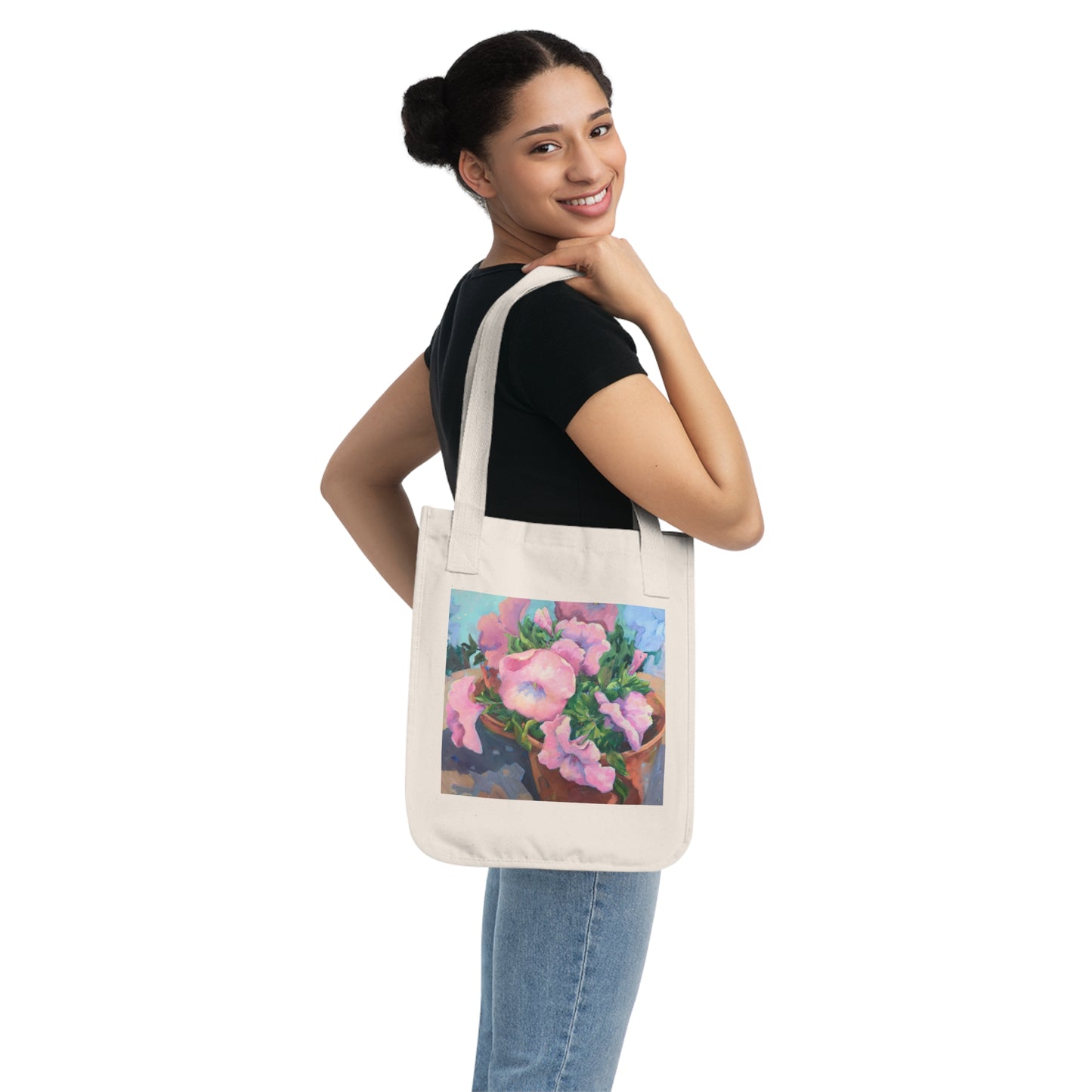 Organic Canvas Tote Bag with Pink Floral 'Pink Petals in Bloom' I Original Artwork by American Artist Barbara Cleary