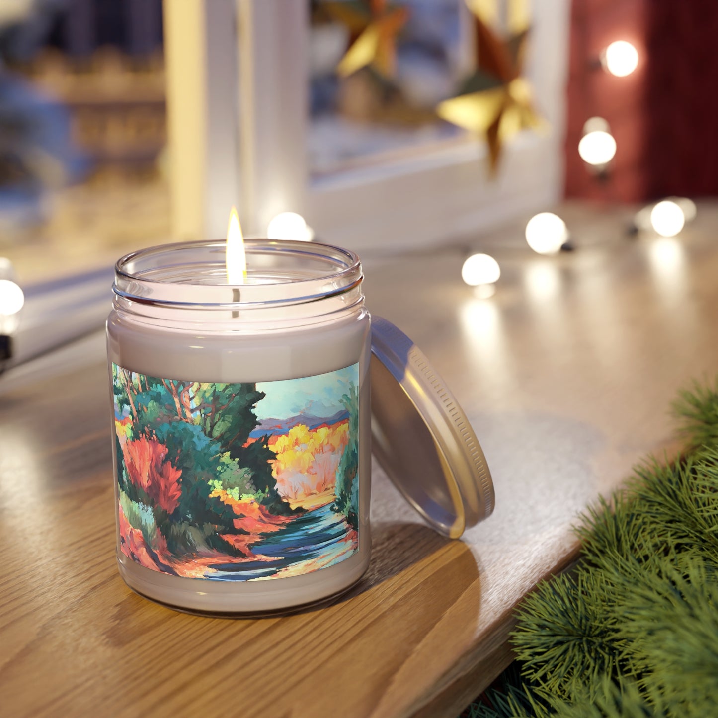 9oz Eco-Friendly Scented or Unscented Soy Wax Candle Jar with 'Rio Pueblo' Artwork by American Artist Barbara Cleary (Fall Collection)