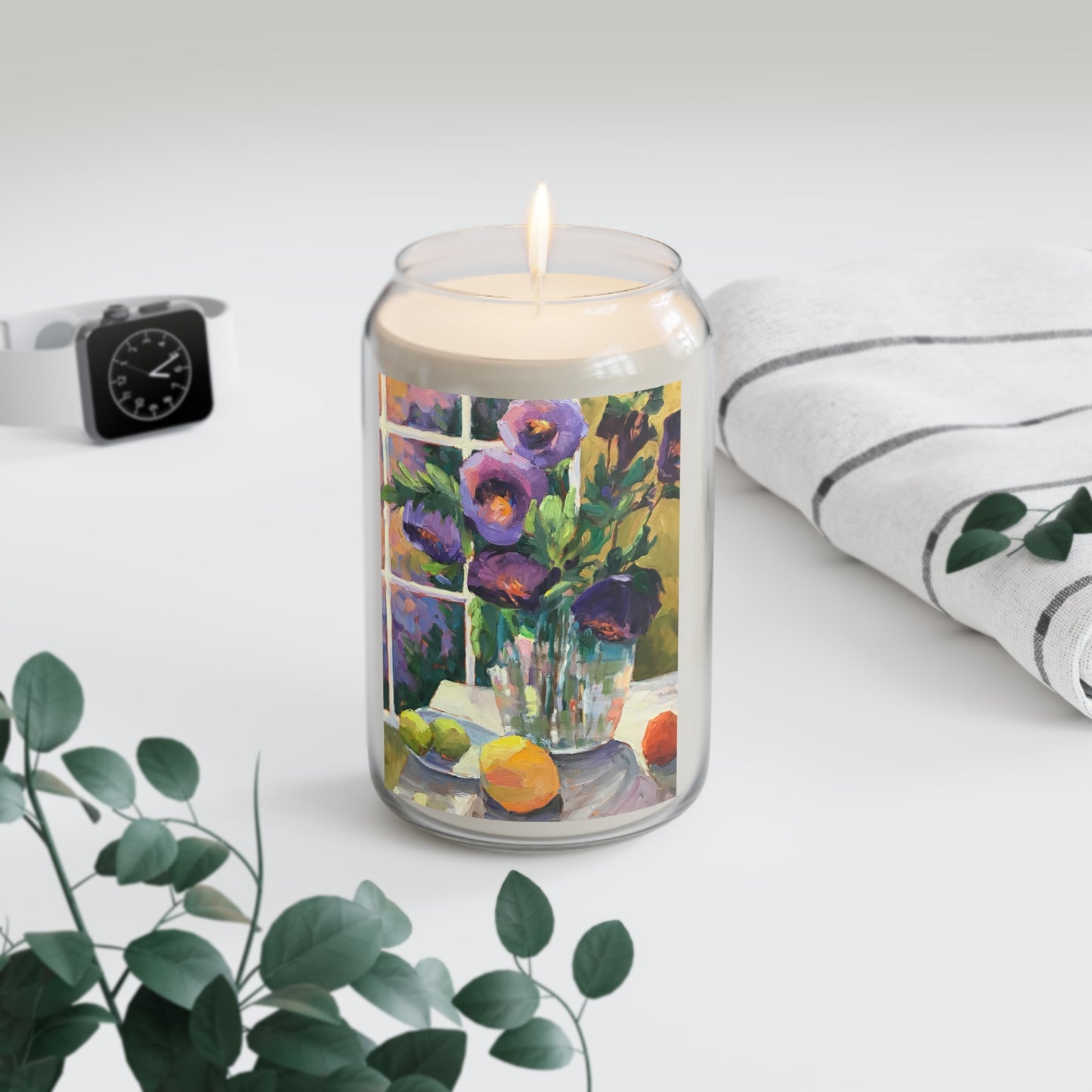 13.75oz Eco-Friendly Scented or Unscented Soy Wax Candle Jar with 'Purple Flowers' Floral Artwork by American Artist Barbara Cleary