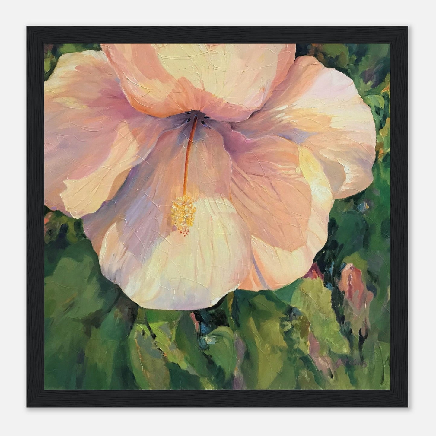 'Pink Hibiscus' Floral | 12x12 inch Wooden Framed Art Print | Original Artwork by American Artist Barbara Cleary