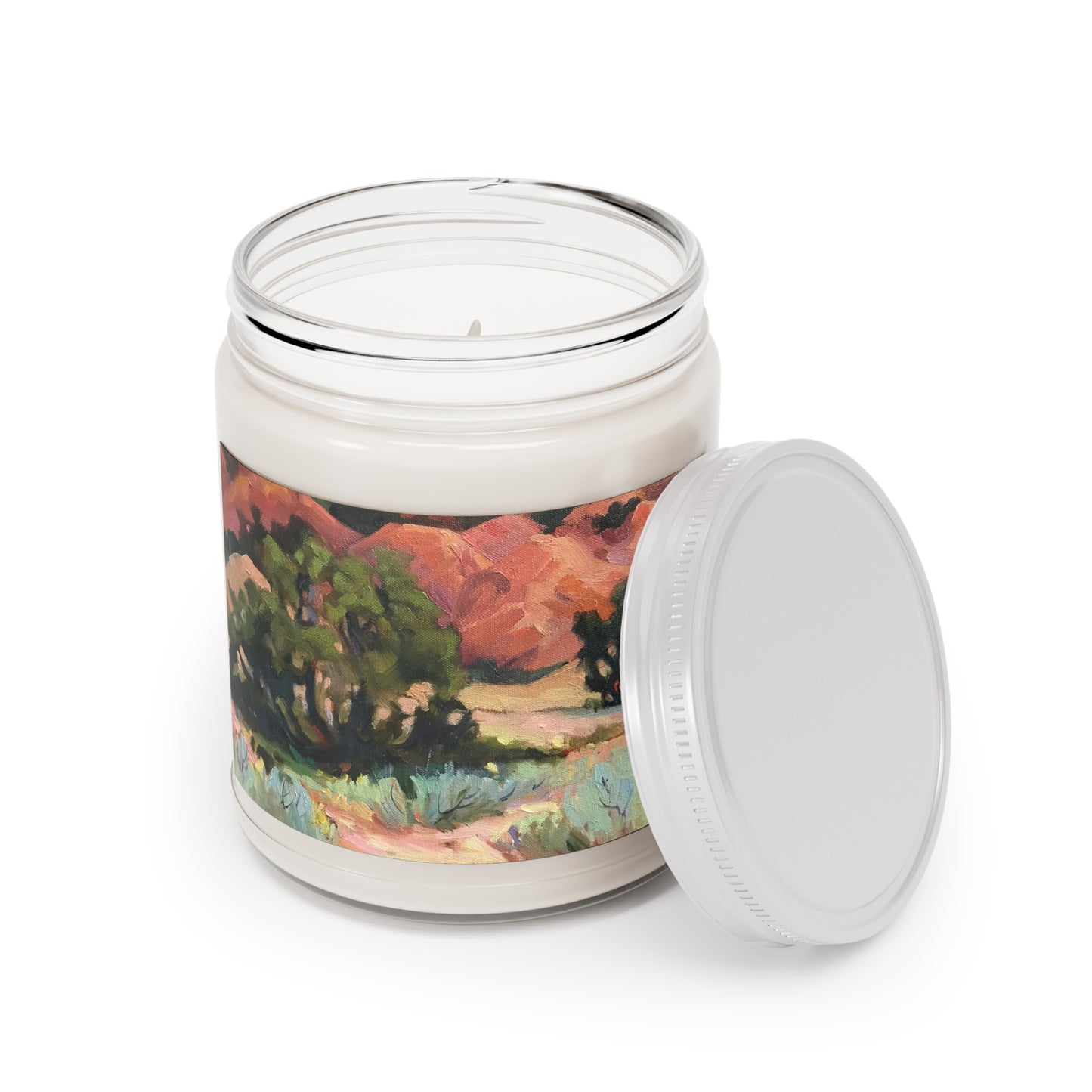 9oz Eco-Friendly Scented or Unscented Soy Wax Candle Jar with 'Mesa at Ghost Ranch' Southwestern Artwork by American Artist Barbara Cleary