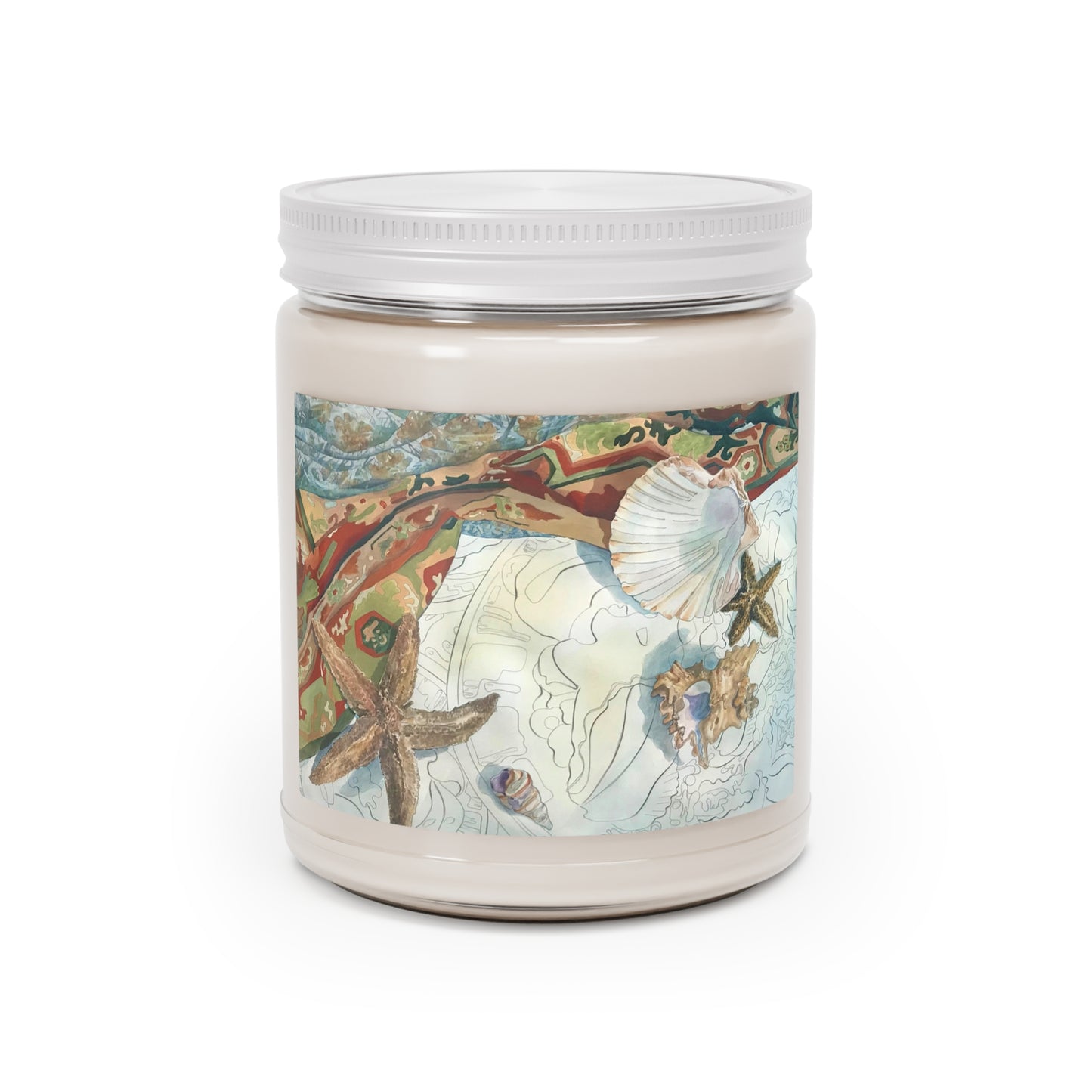 9oz Eco-Friendly Scented or Unscented Soy Wax Candle Jar with 'Shells' Coastal Artwork by American Artist Barbara Cleary