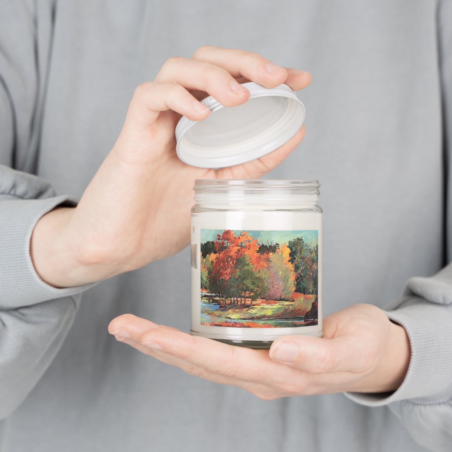 9oz Eco-Friendly Scented or Unscented Soy Wax Candle Jar with 'Fall River' Artwork by American Artist Barbara Cleary (Fall Collection)