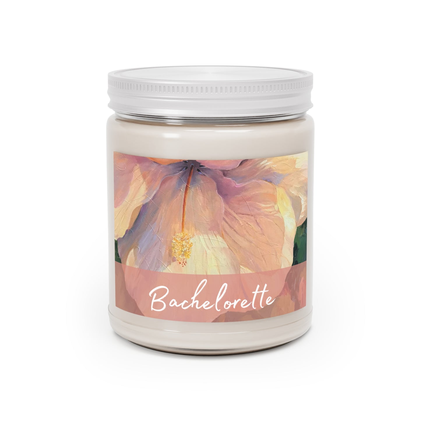 'Bachelorette' 9oz Eco-Friendly Soy Wax Candle Jar I Bridal Collection with 'Hibiscus' Artwork by American Artist Barbara Cleary