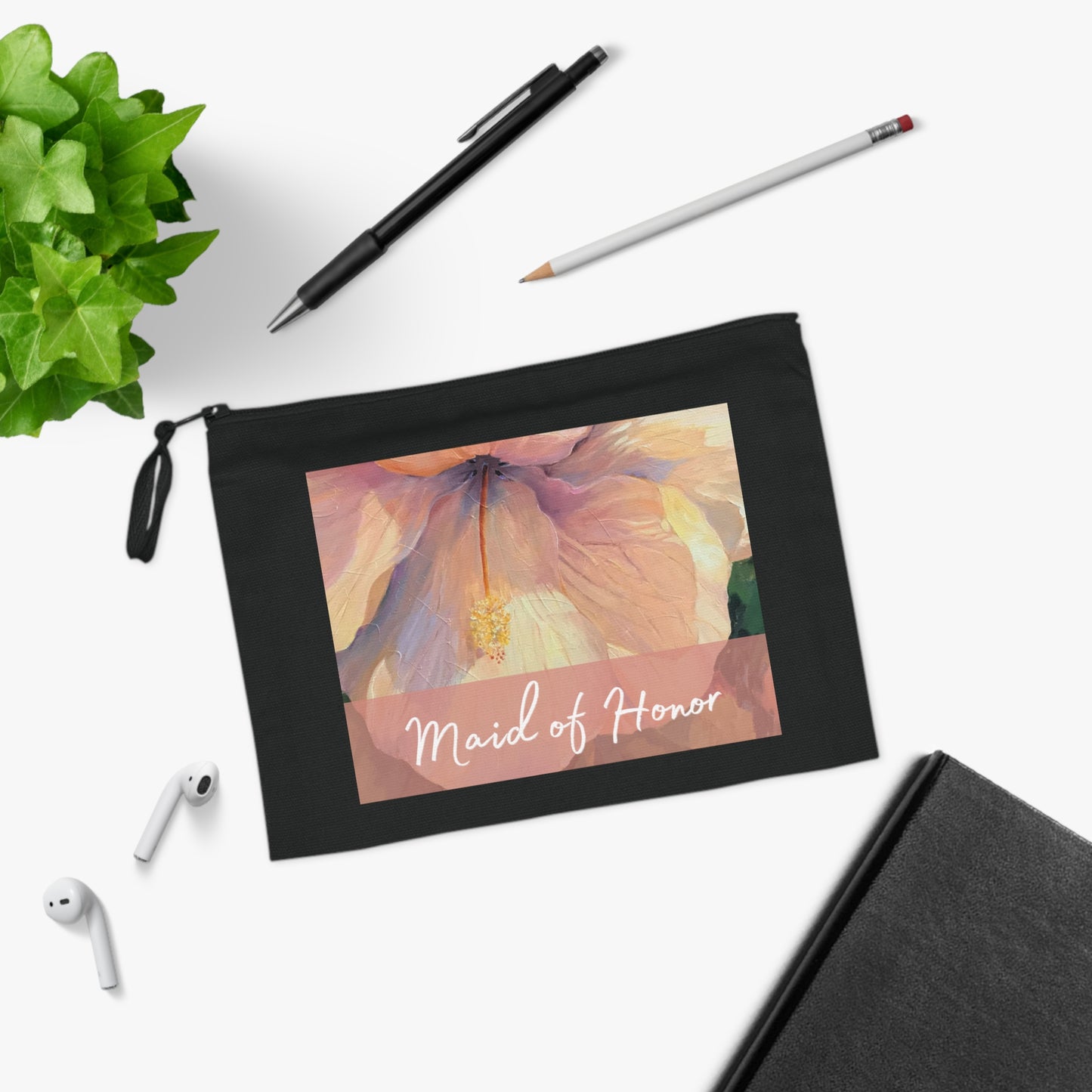 'Maid of Honor' Eco-Friendly Pouch I Bridal Collection I with 'Hibiscus' Original Artwork by American Artist Barbara Cleary