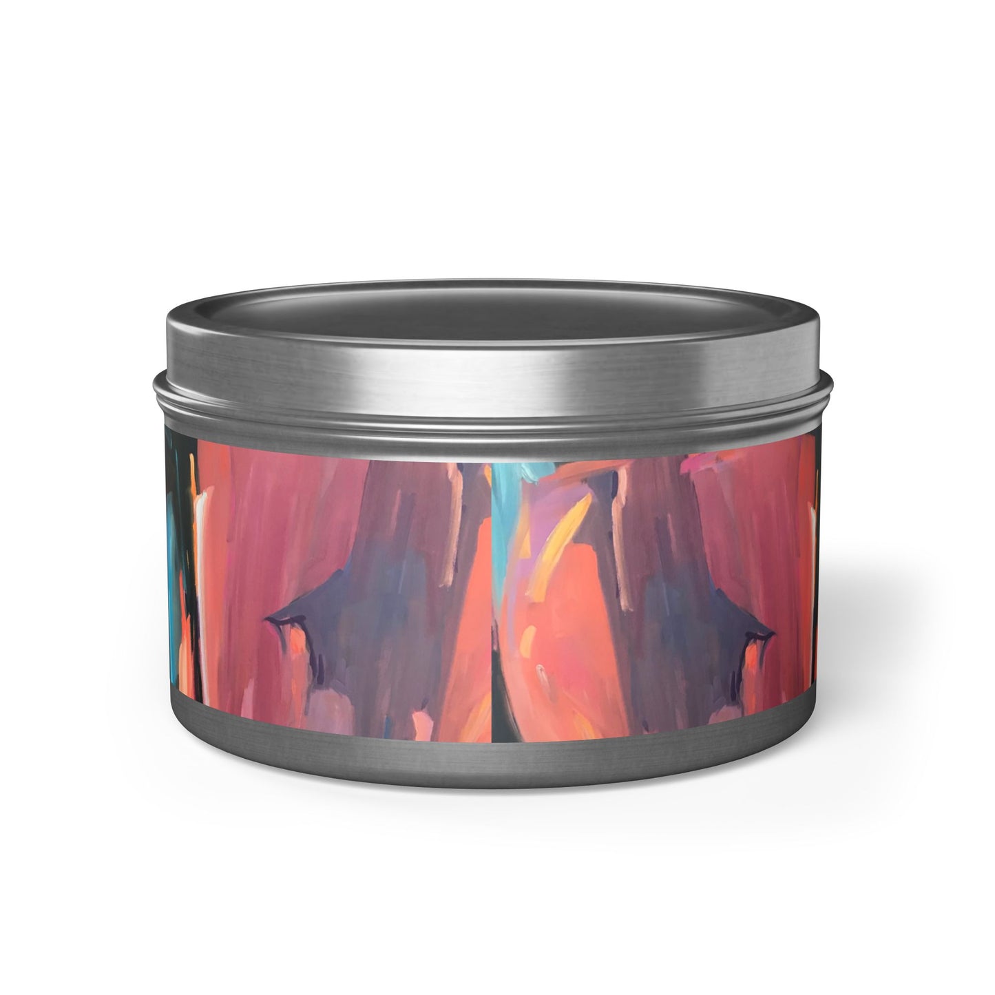 8oz Eco-Friendly Scented or Unscented Soy Wax Tin Candle with 'Colorscape' Abstract Artwork by American Artist Barbara Cleary
