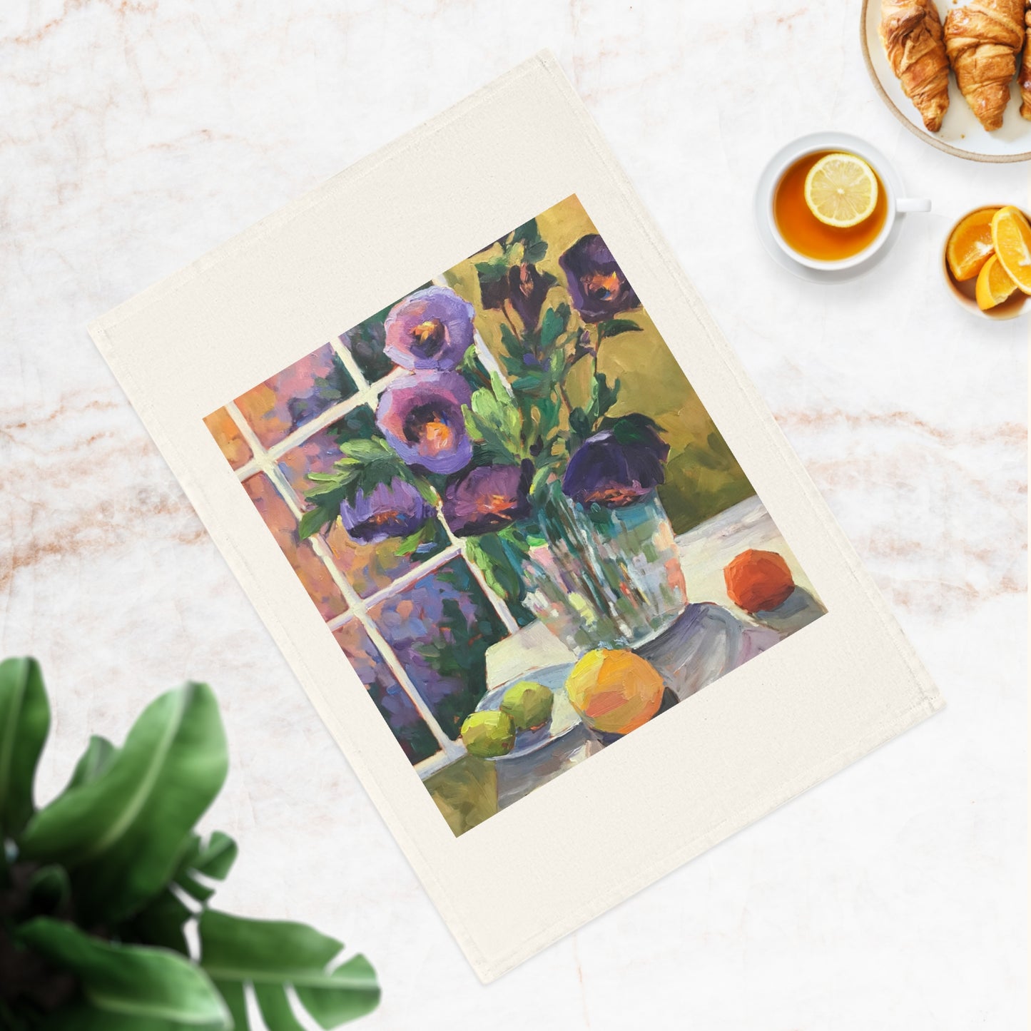 'Purple Flowers' Floral Cotton Tea Towel I Original Artwork by American Artist Barbara Cleary | Barbara Cleary Designs