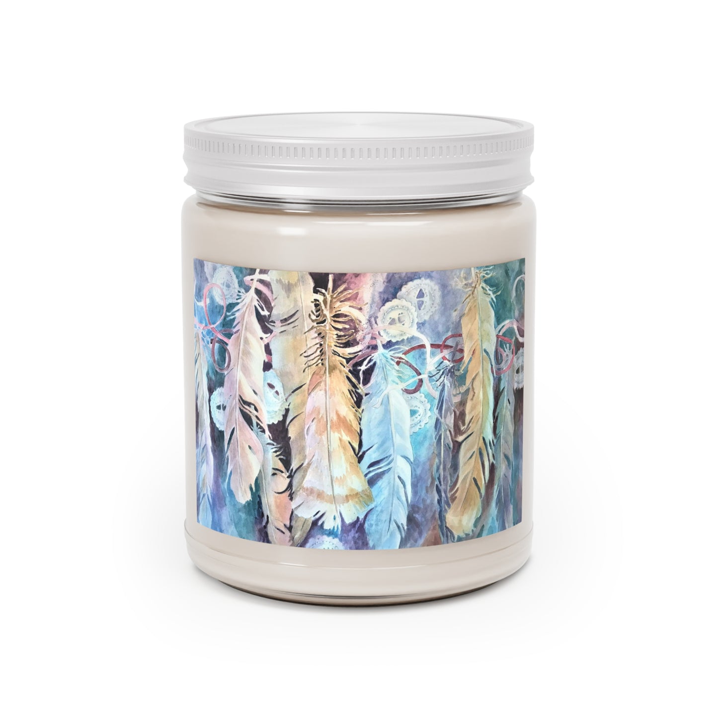 9oz Eco-Friendly Scented or Unscented Soy Wax Candle Jar with 'Conchos Feathers' Artwork by American Artist Barbara Cleary