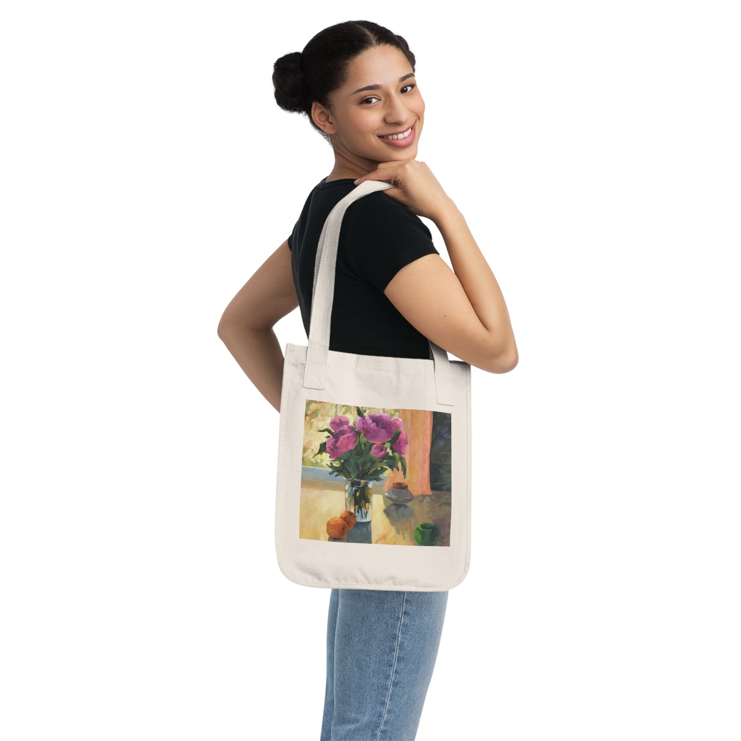 Organic Canvas Tote Bag with 'Blooming Flowers and Fresh Fruit' Floral I Original Artwork by American Artist Barbara Cleary