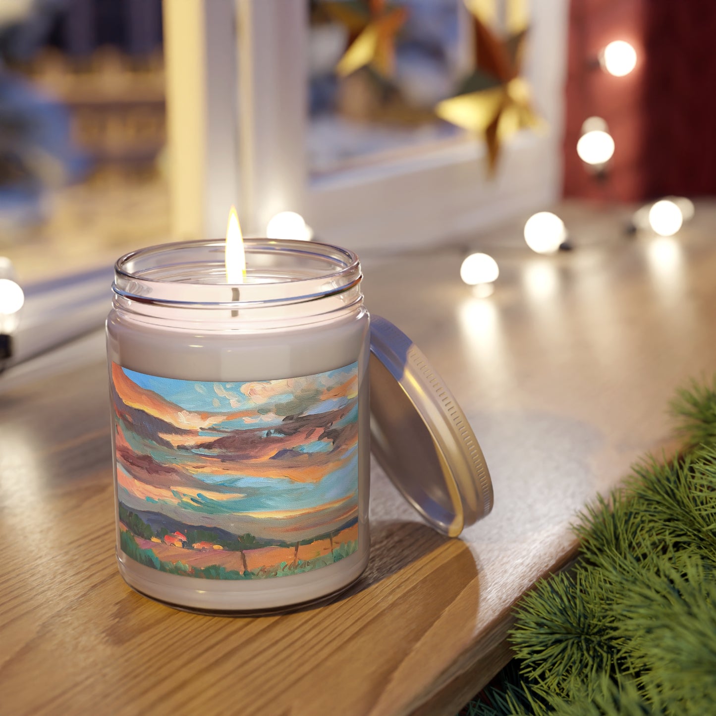 9oz Eco-Friendly Scented or Unscented Soy Wax Candle Jar with 'Fall Sky' Artwork by American Artist Barbara Cleary (Fall Collection)